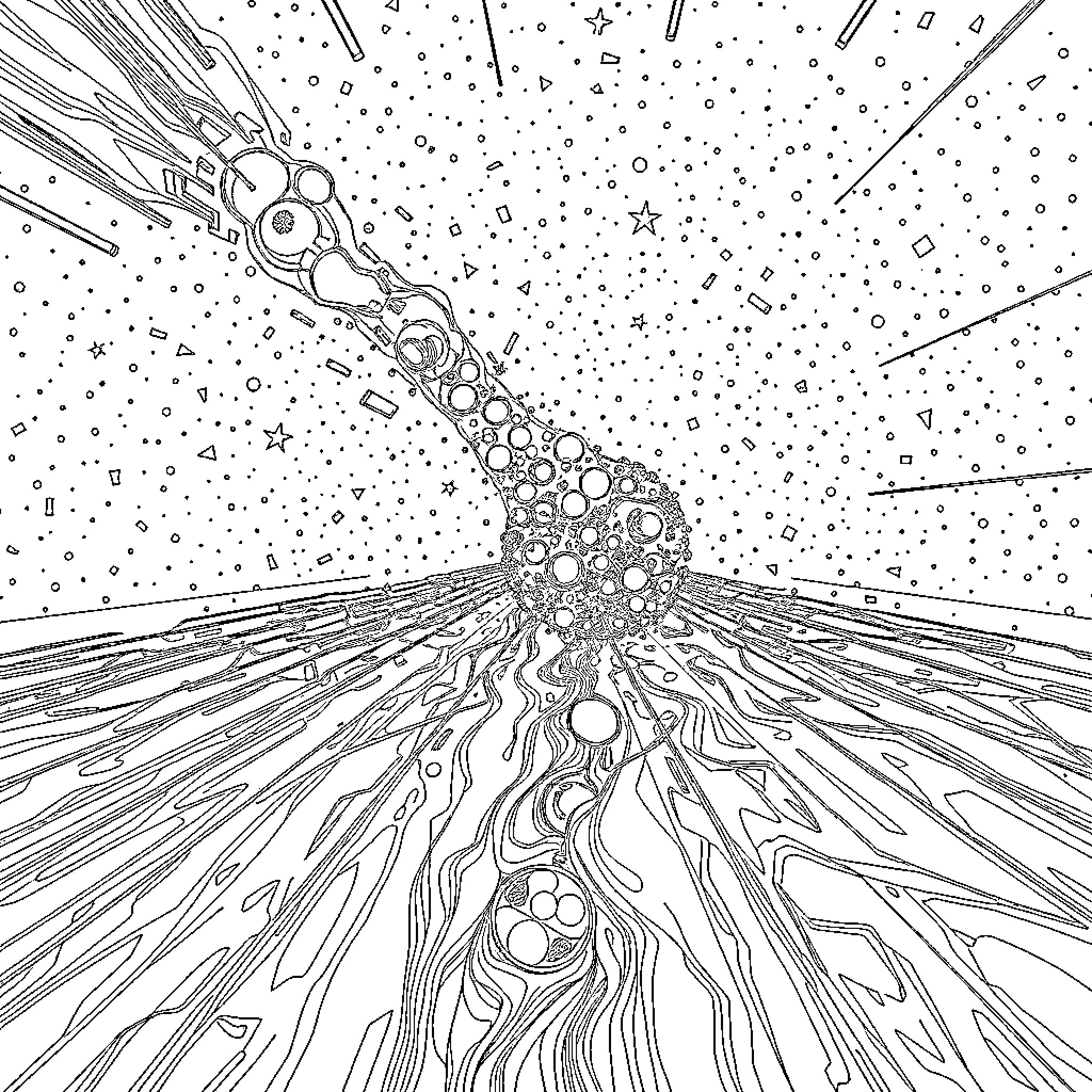 Infinity Celestial Explosions and Cosmic Phenomena Coloring Page (free black-and-white line drawing printable PDF for all, from beginners to advanced learners, including children, teens, adults, and seniors)