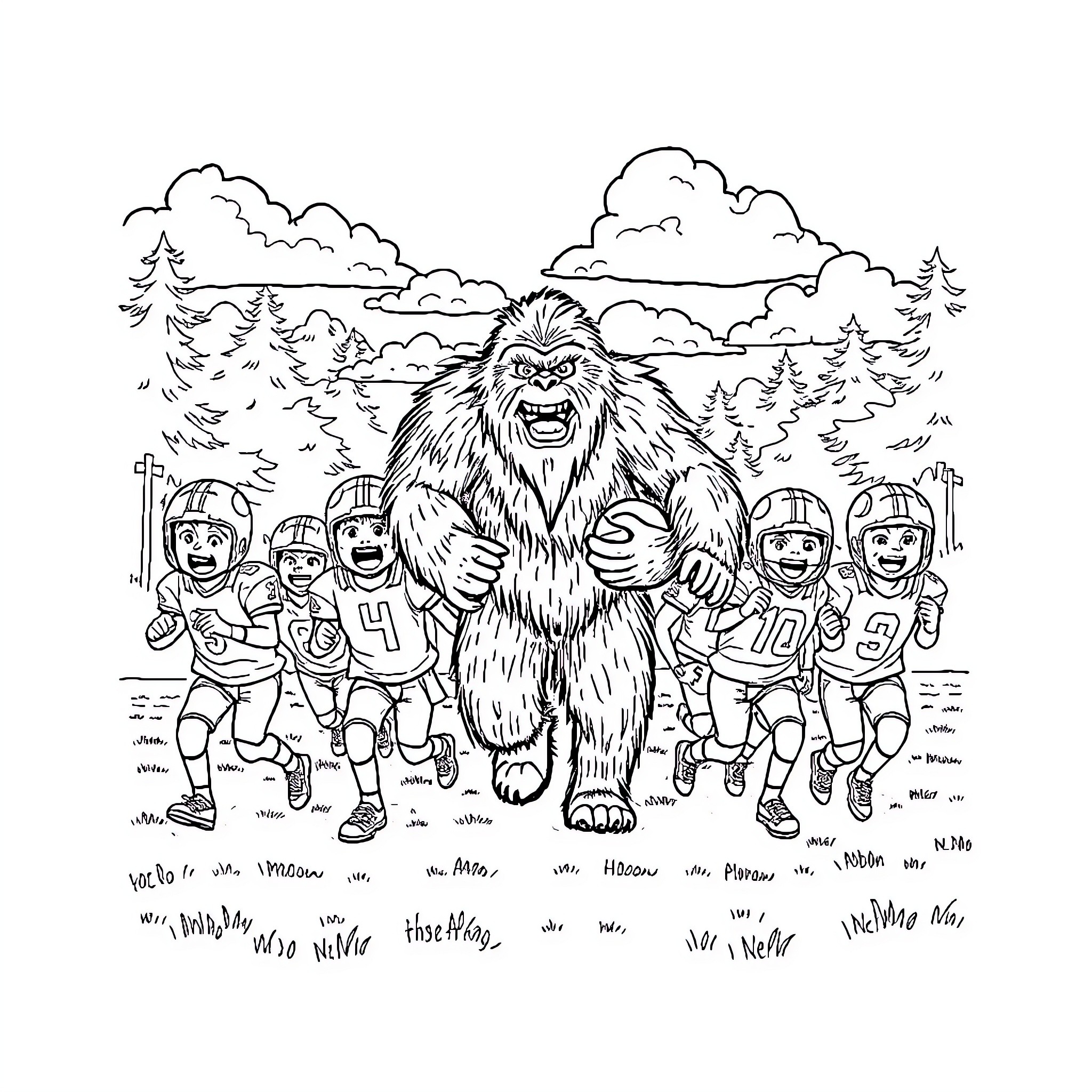 Sasquatch chases football players in the forest Coloring Page (free black-and-white line drawing printable PDF for all, from beginners to advanced learners, including children, teens, adults, and seniors)
