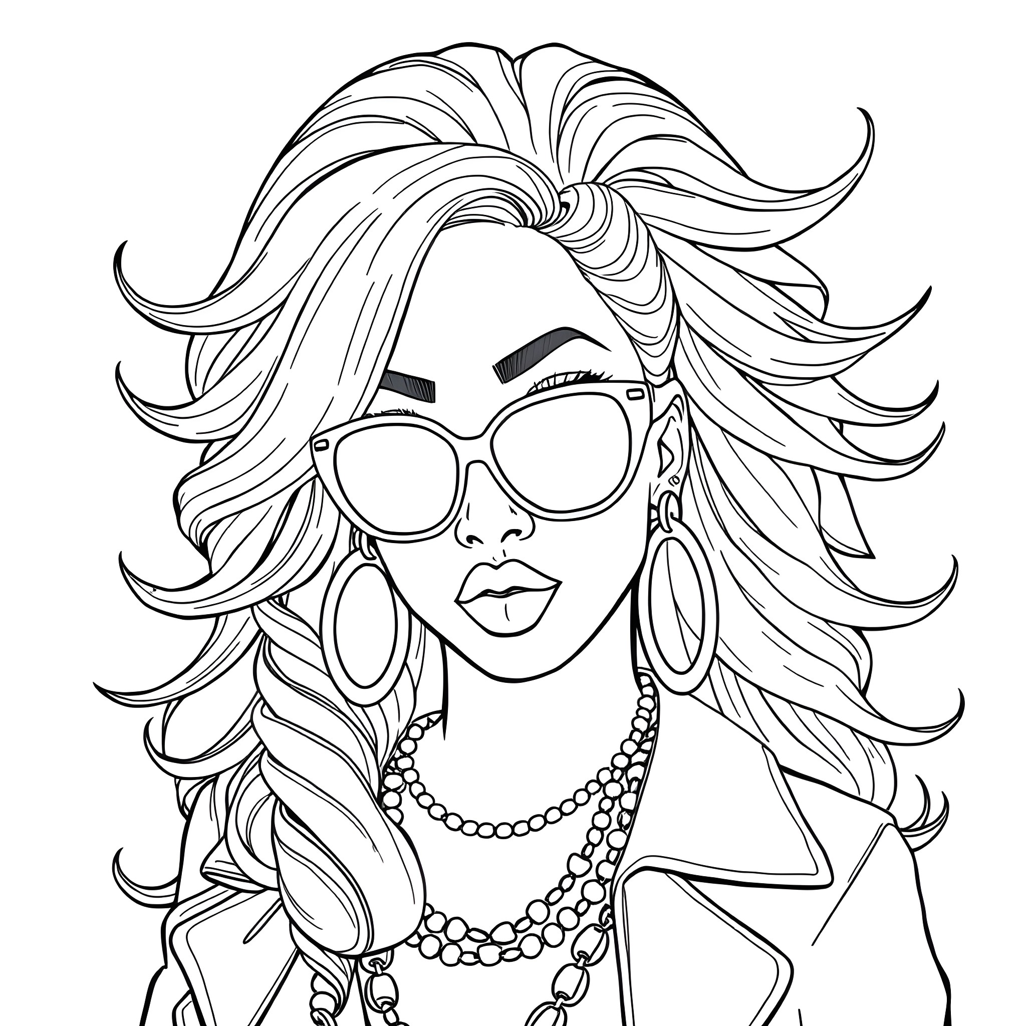 Nicki Minaj's Iconic Style Coloring Page (free black-and-white line drawing printable PDF for all, from beginners to advanced learners, including children, teens, adults, and seniors)