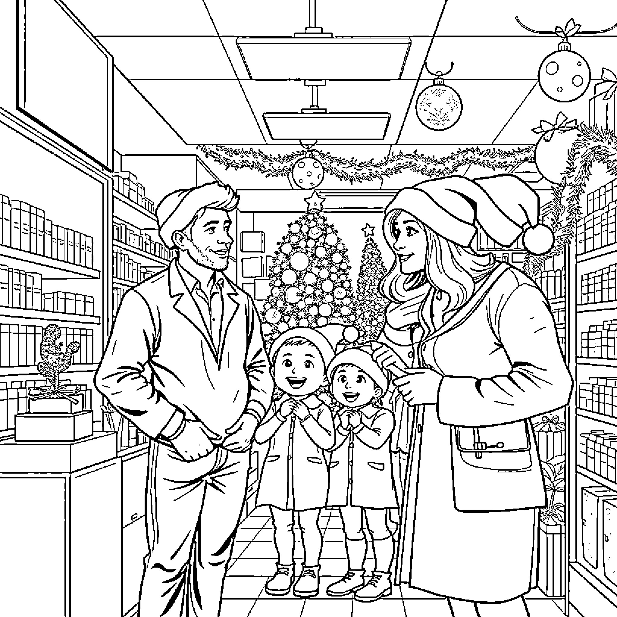 Pharmacist Assisting Family in Holiday Pharmacy Coloring Page (free black-and-white line drawing printable PDF for all, from beginners to advanced learners, including children, teens, adults, and seniors)