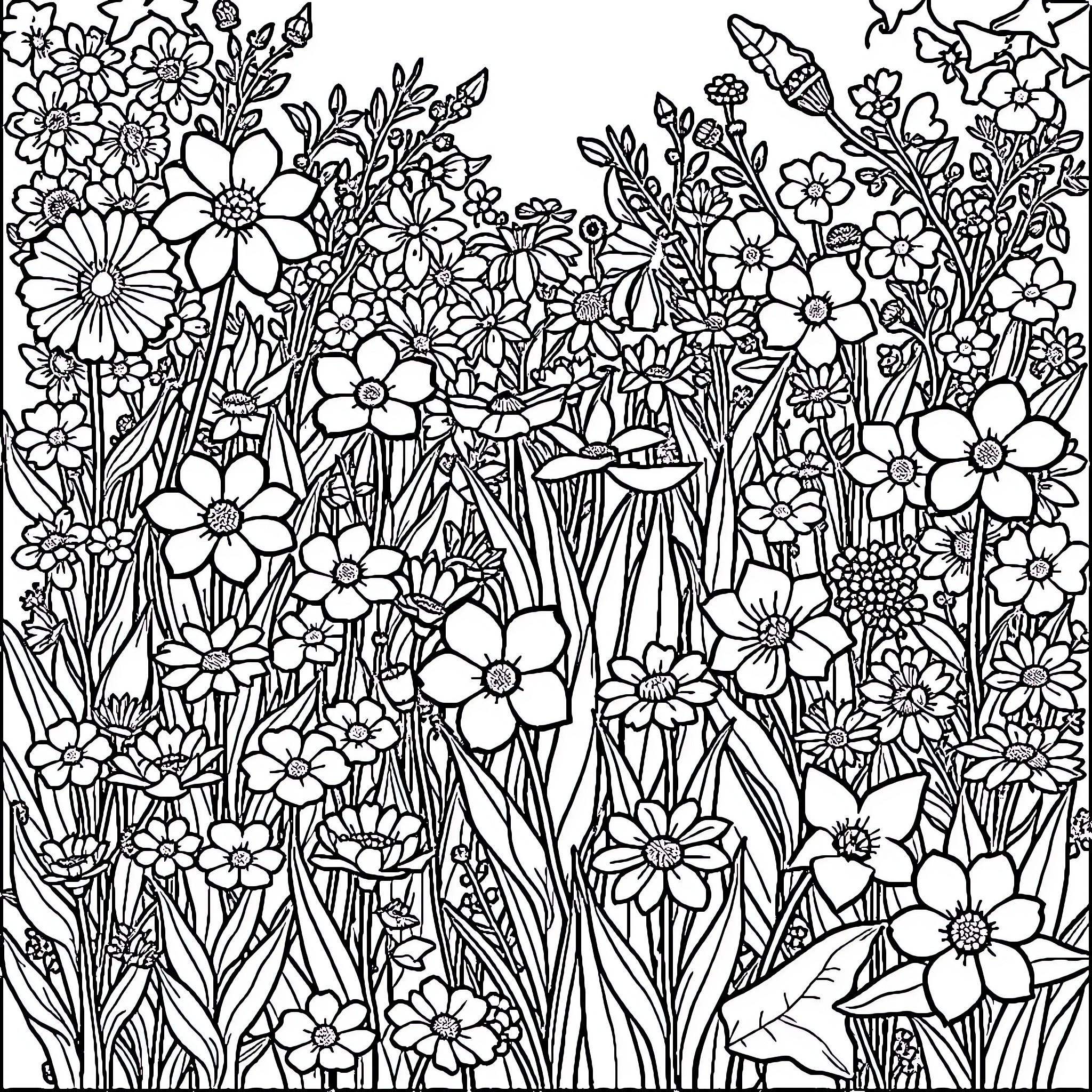 Garden of Vibrant Floral Blooms Coloring Page (free black-and-white line drawing printable PDF for all, from beginners to advanced learners, including children, teens, adults, and seniors)