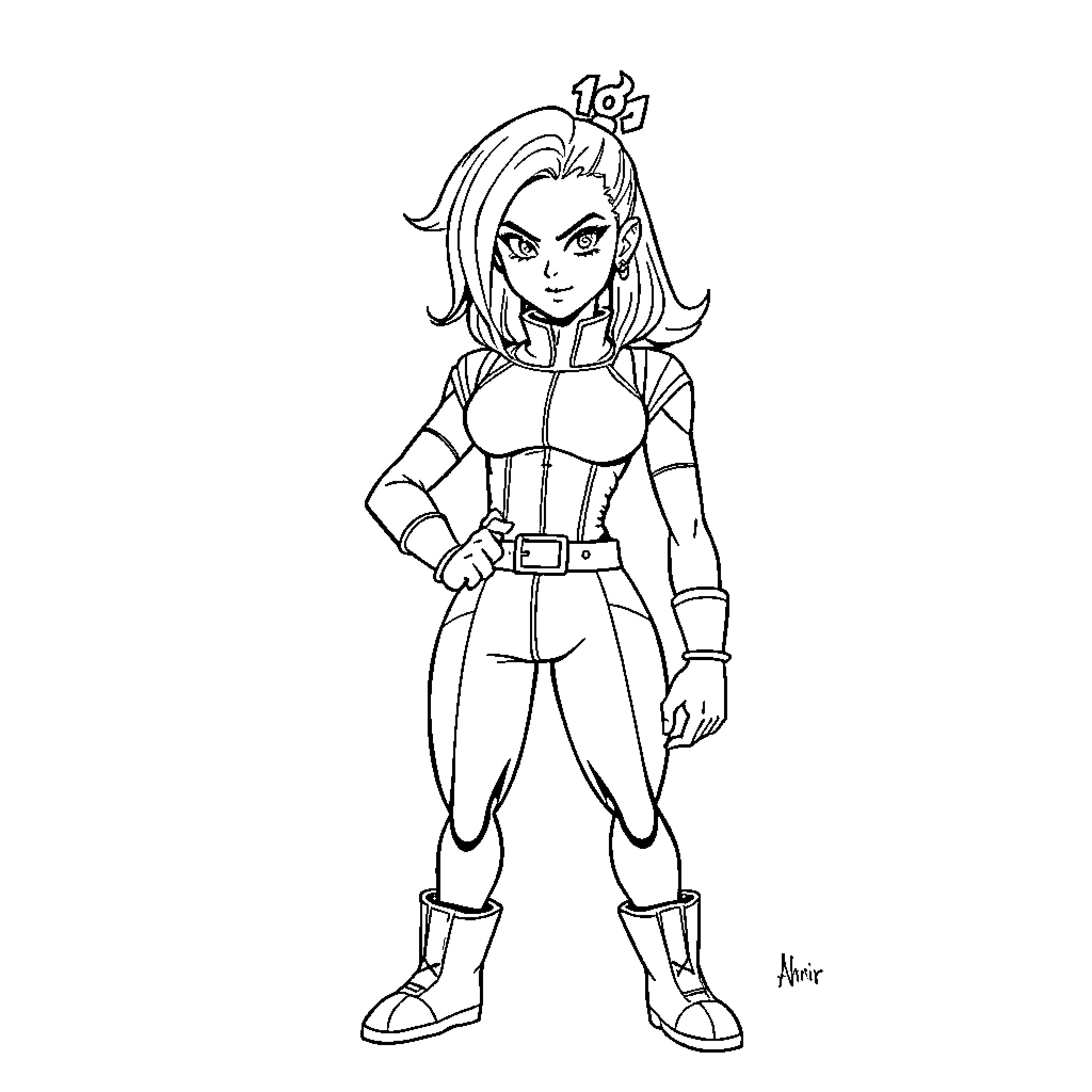 Android 18 in combat-ready outfit Coloring Page (free black-and-white line drawing printable PDF for all, from beginners to advanced learners, including children, teens, adults, and seniors)