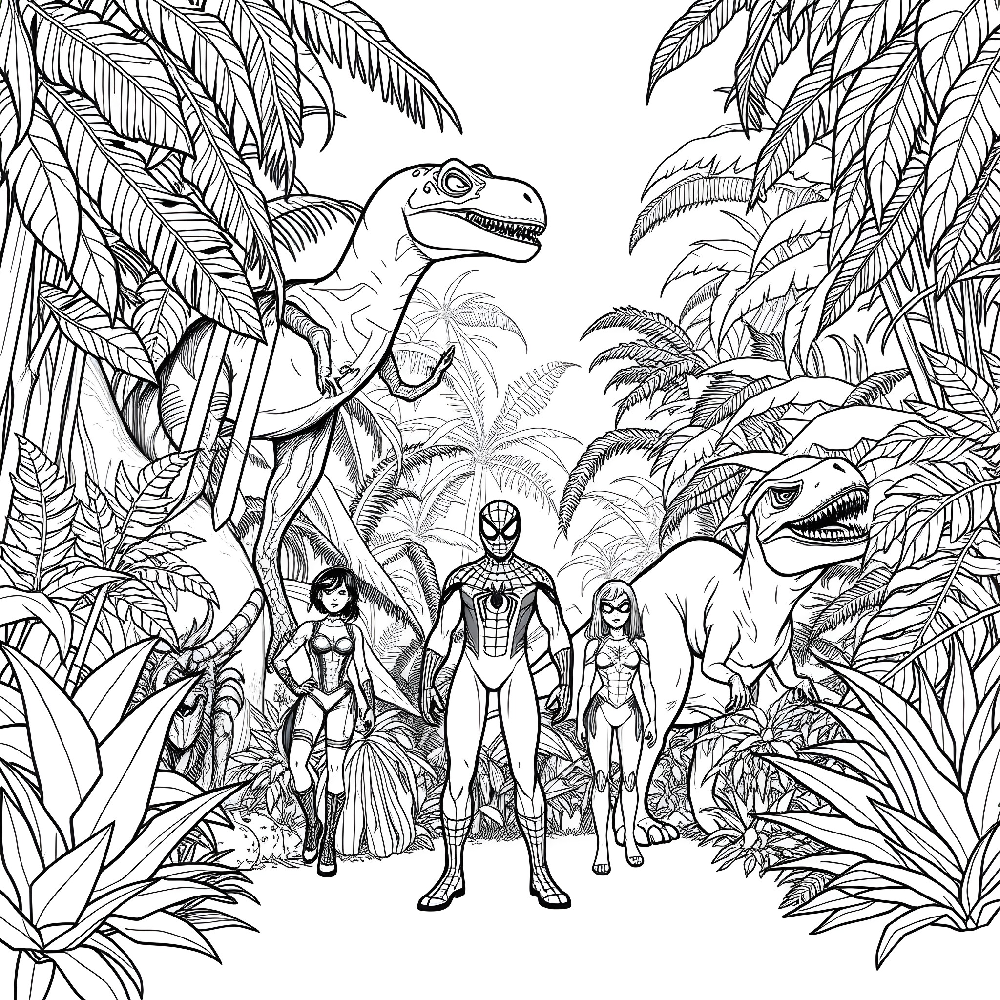 Spidey and friends in the lush jungle landscape Coloring Page (free black-and-white line drawing printable PDF for all, from beginners to advanced learners, including children, teens, adults, and seniors)