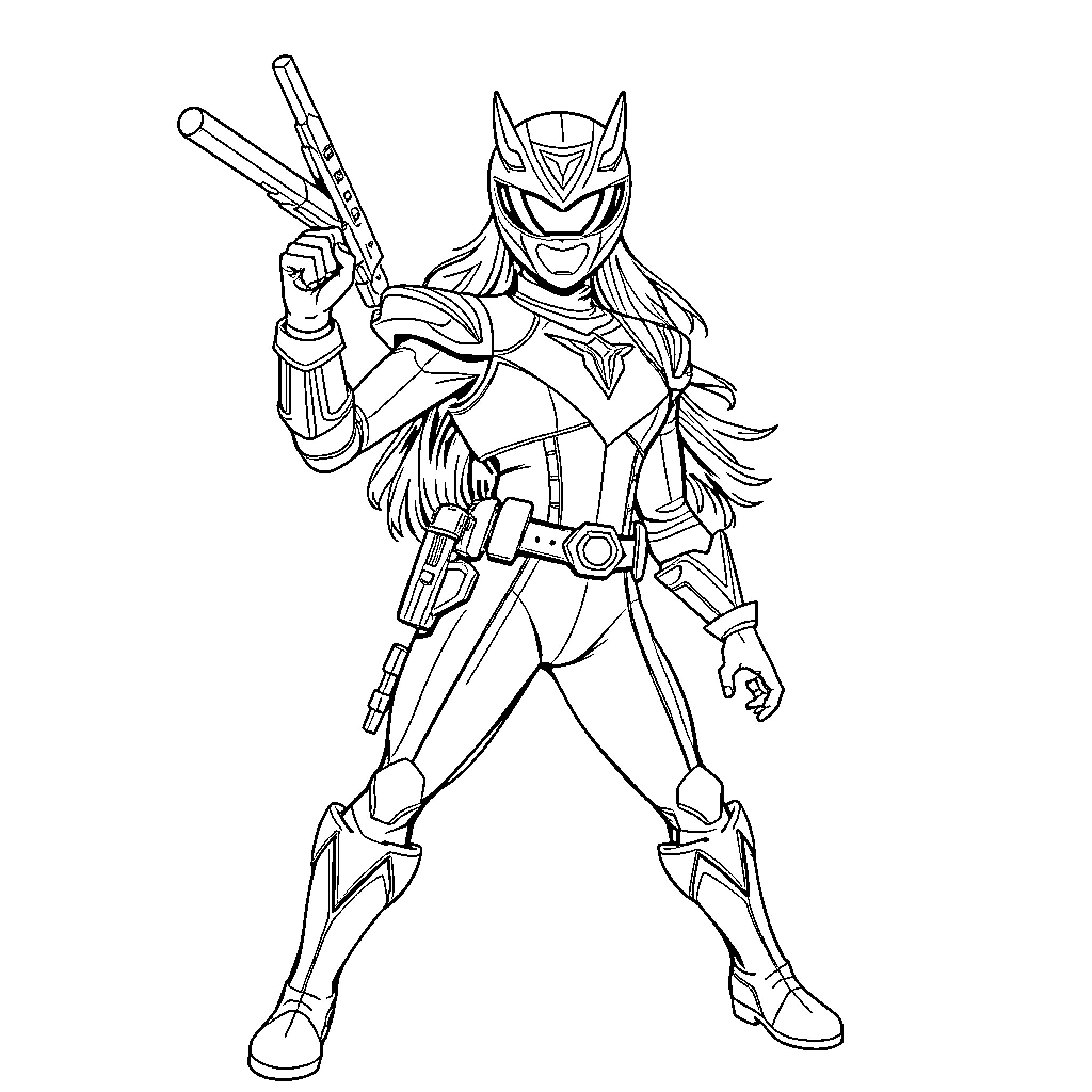 Huntrix superhero standing heroically while holding a weapon Coloring Page (free black-and-white line drawing printable PDF for all, from beginners to advanced learners, including children, teens, adults, and seniors)