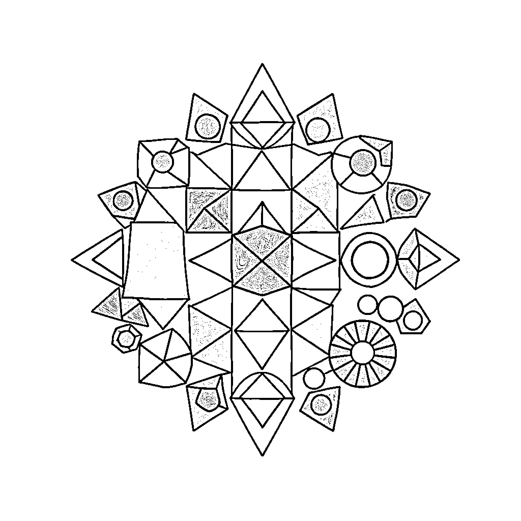Geometric Figure with Abstract Shapes and Designs Coloring Page (free black-and-white line drawing printable PDF for all, from beginners to advanced learners, including children, teens, adults, and seniors)