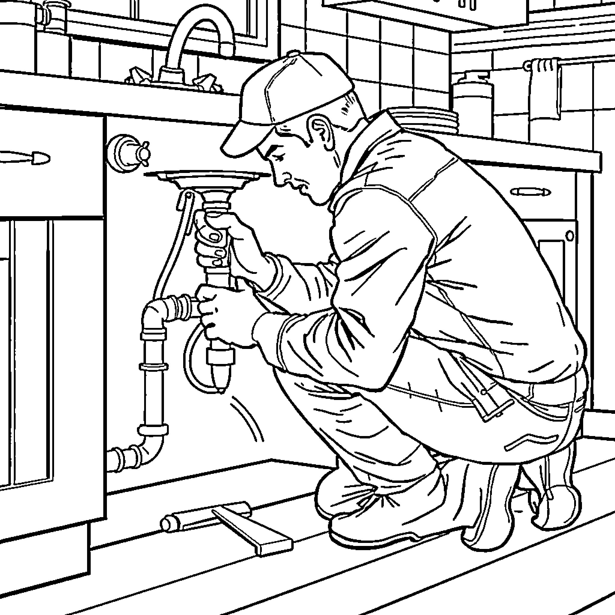 Plumber Repairing Pipes in Kitchen Coloring Page (free black-and-white line drawing printable PDF for all, from beginners to advanced learners, including children, teens, adults, and seniors)