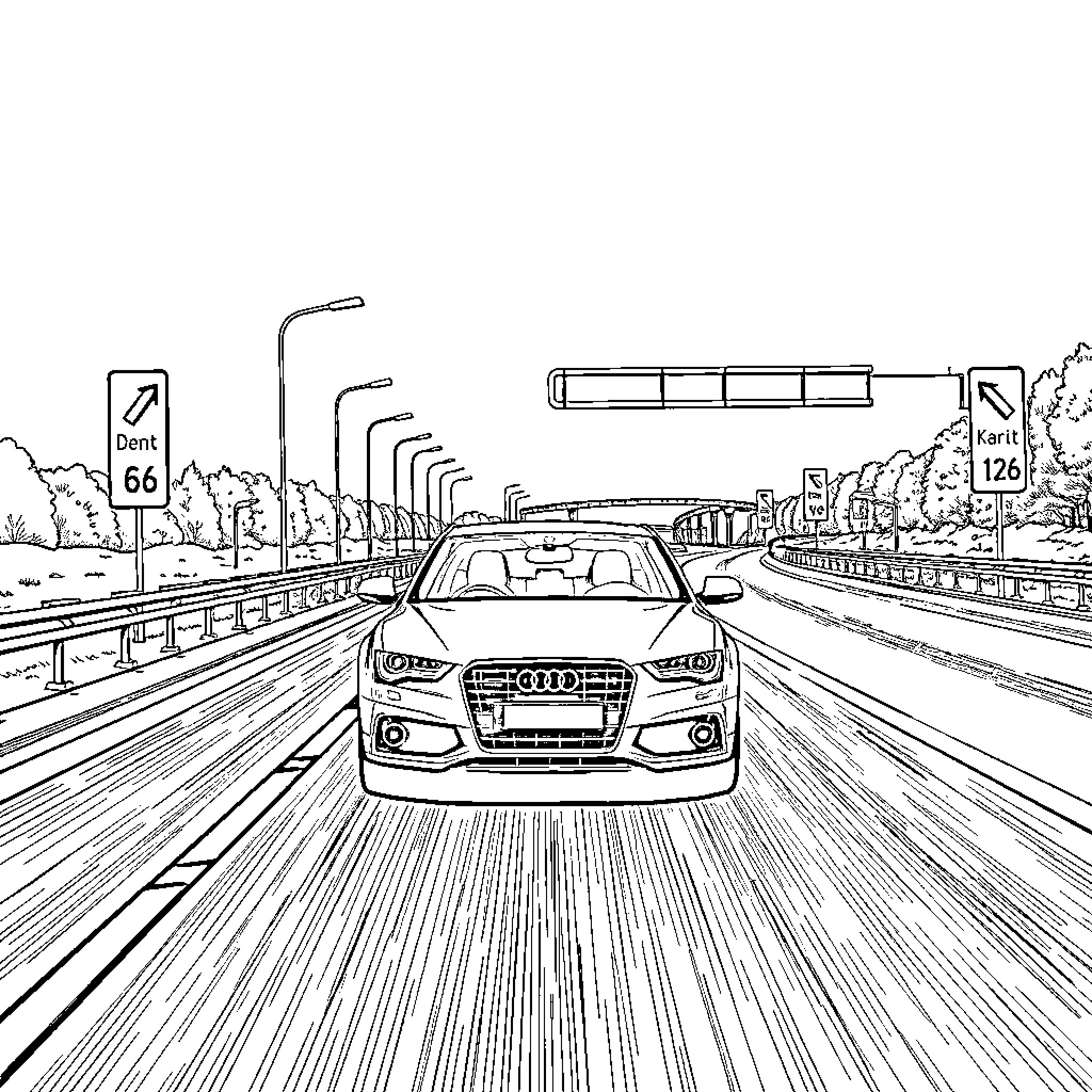 Audi vehicle speeding down the highway Coloring Page (free black-and-white line drawing printable PDF for all, from beginners to advanced learners, including children, teens, adults, and seniors)