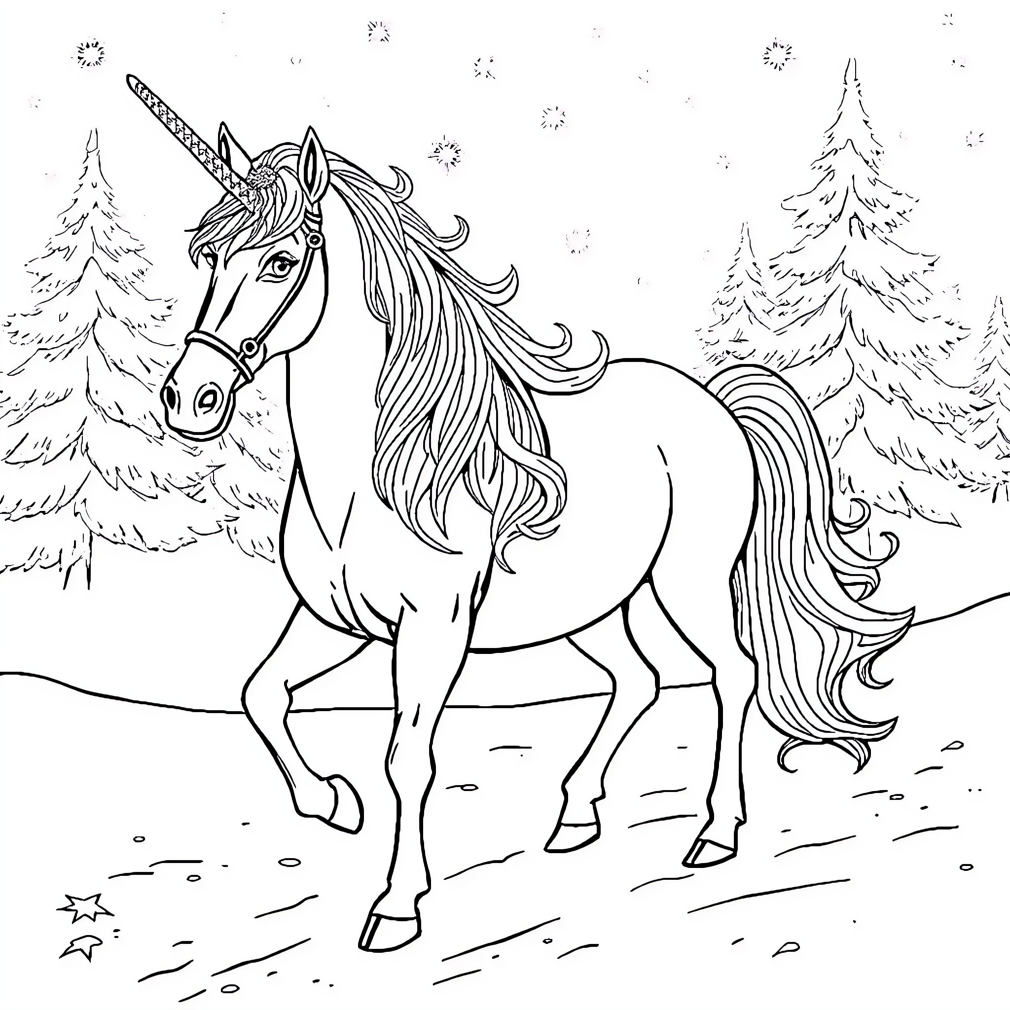 Snow Queen's Enchanted Winter Unicorn Coloring Page (free black-and-white line drawing printable PDF for all, from beginners to advanced learners, including children, teens, adults, and seniors)