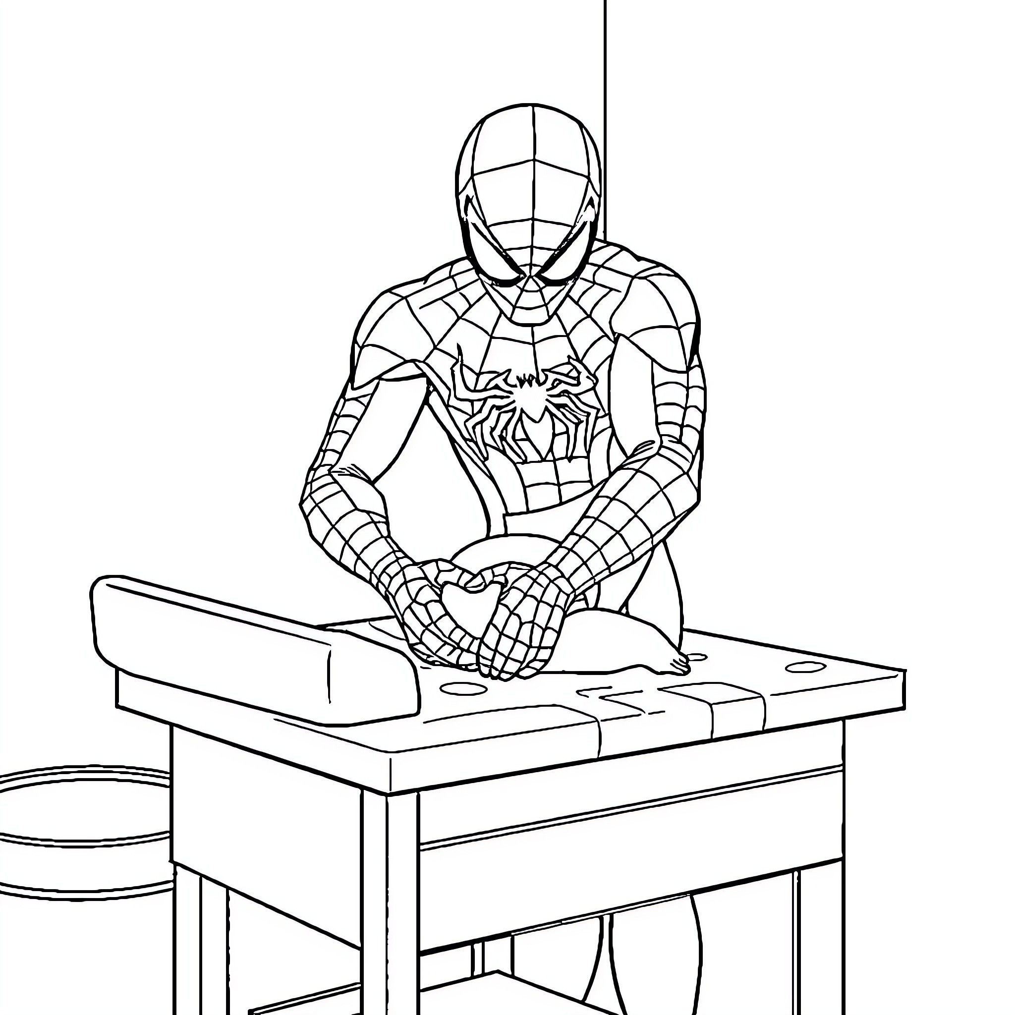 Spider-Man sitting at a desk Coloring Page (free black-and-white line drawing printable PDF for all, from beginners to advanced learners, including children, teens, adults, and seniors)