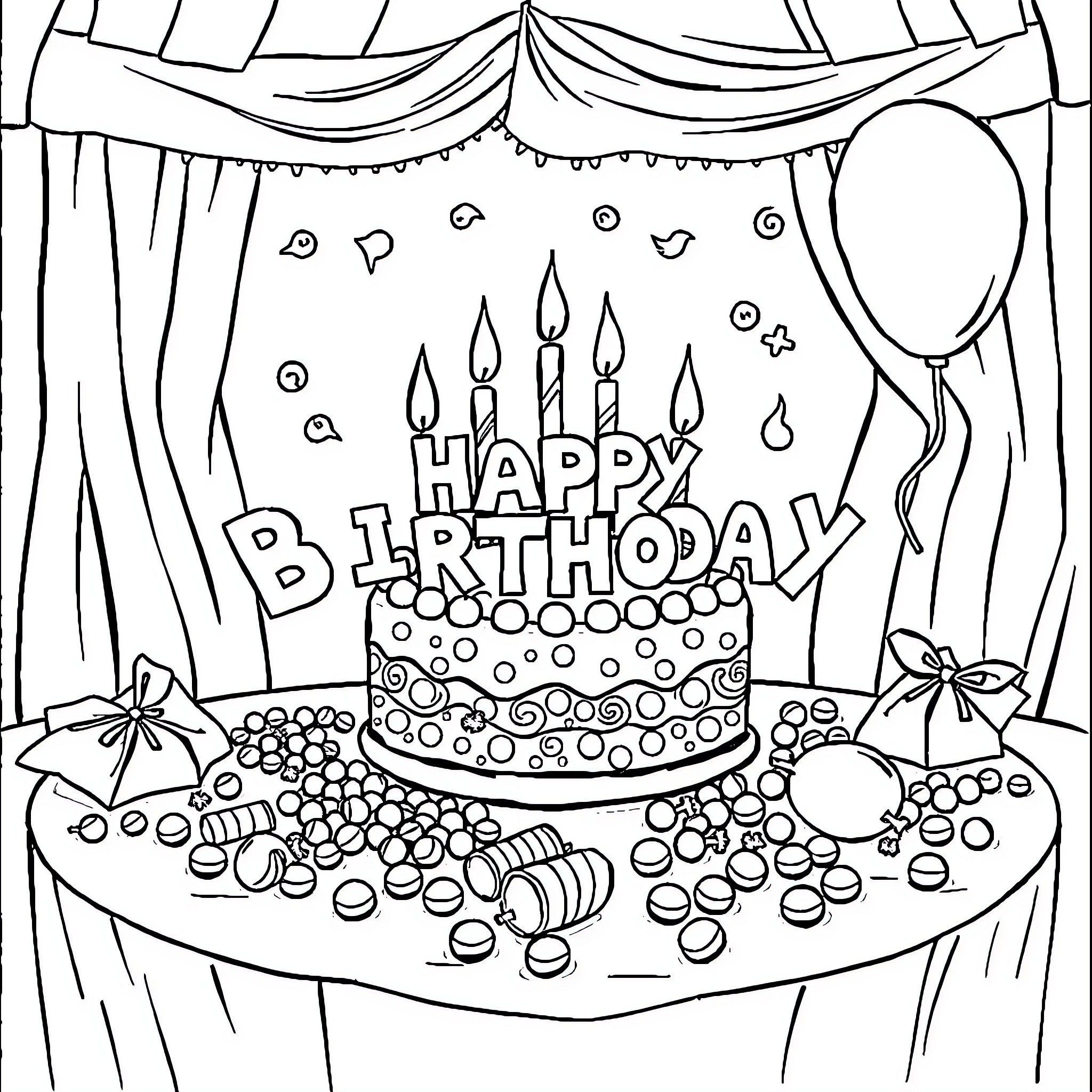 Candy-Filled Birthday Celebration Coloring Page (free black-and-white line drawing printable PDF for all, from beginners to advanced learners, including children, teens, adults, and seniors)