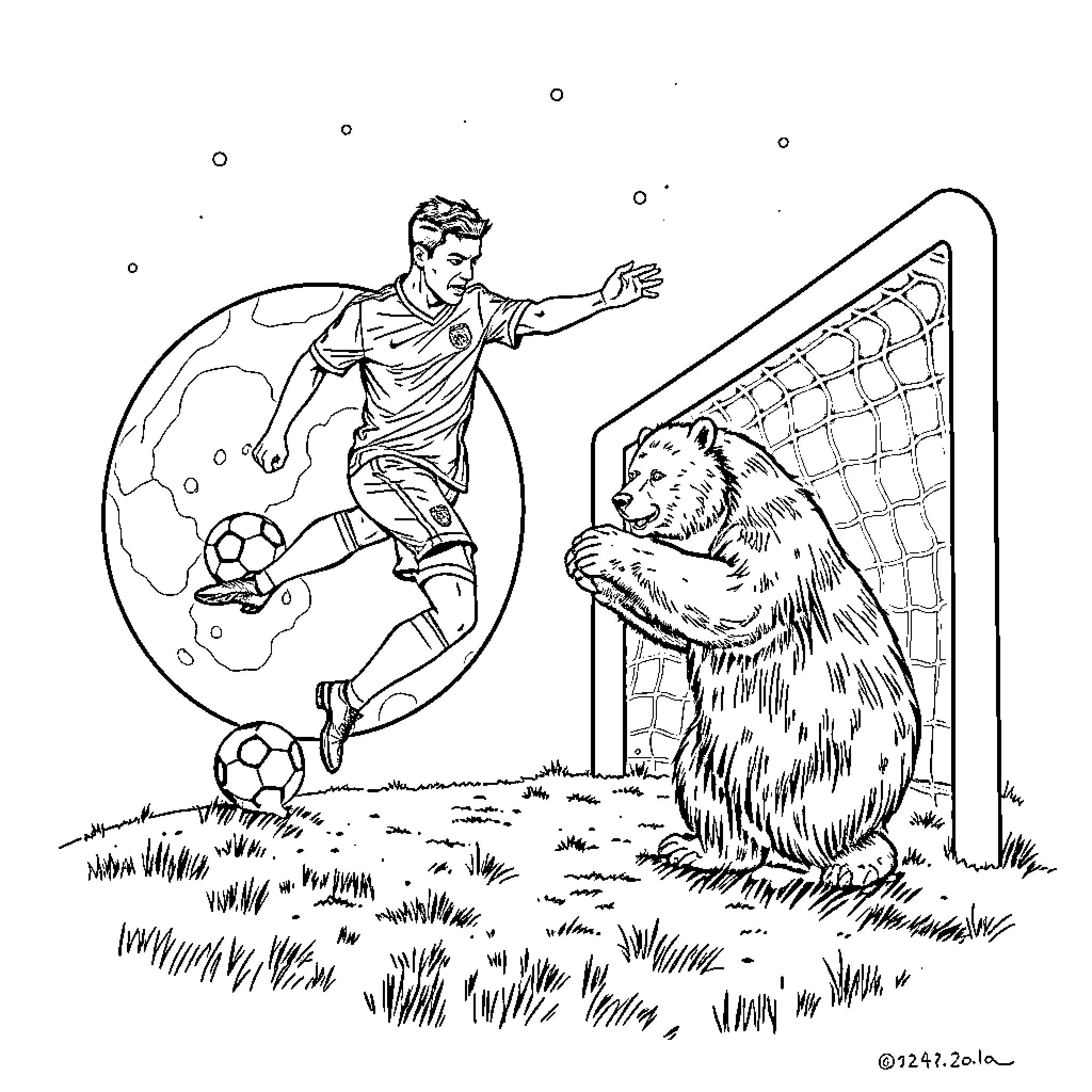 Ronaldo's Moonlit Soccer Match Against a Furry Opponent Coloring Page (free black-and-white line drawing printable PDF for all, from beginners to advanced learners, including children, teens, adults, and seniors)