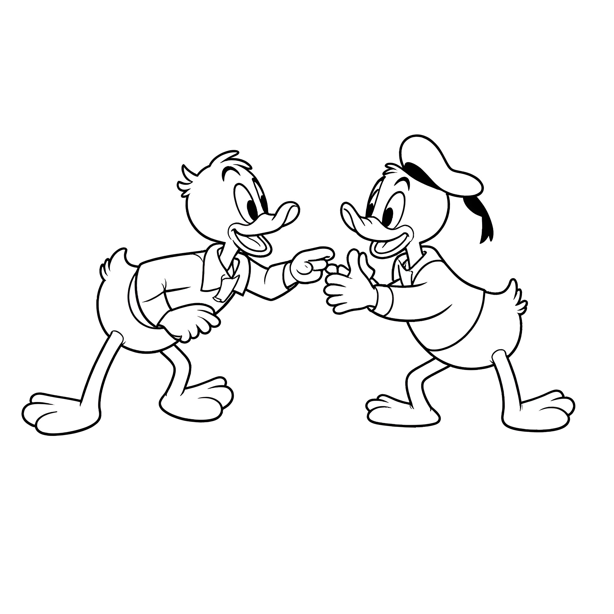 Donald Duck and Daisy Duck having a friendly chat Coloring Page (free black-and-white line drawing printable PDF for all, from beginners to advanced learners, including children, teens, adults, and seniors)