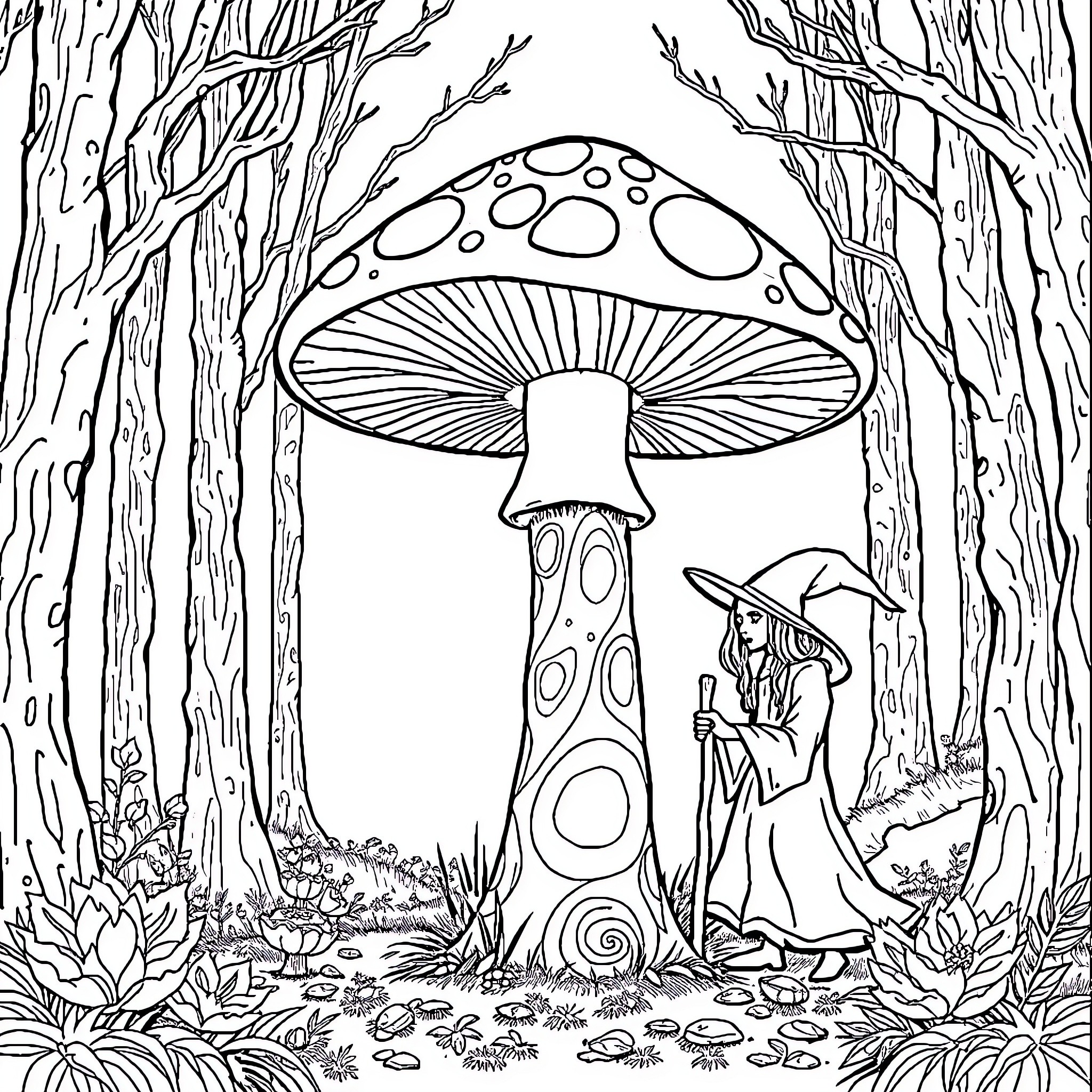 Mushroom Wizard in the Enchanted Forest Coloring Page (free black-and-white line drawing printable PDF for all, from beginners to advanced learners, including children, teens, adults, and seniors)
