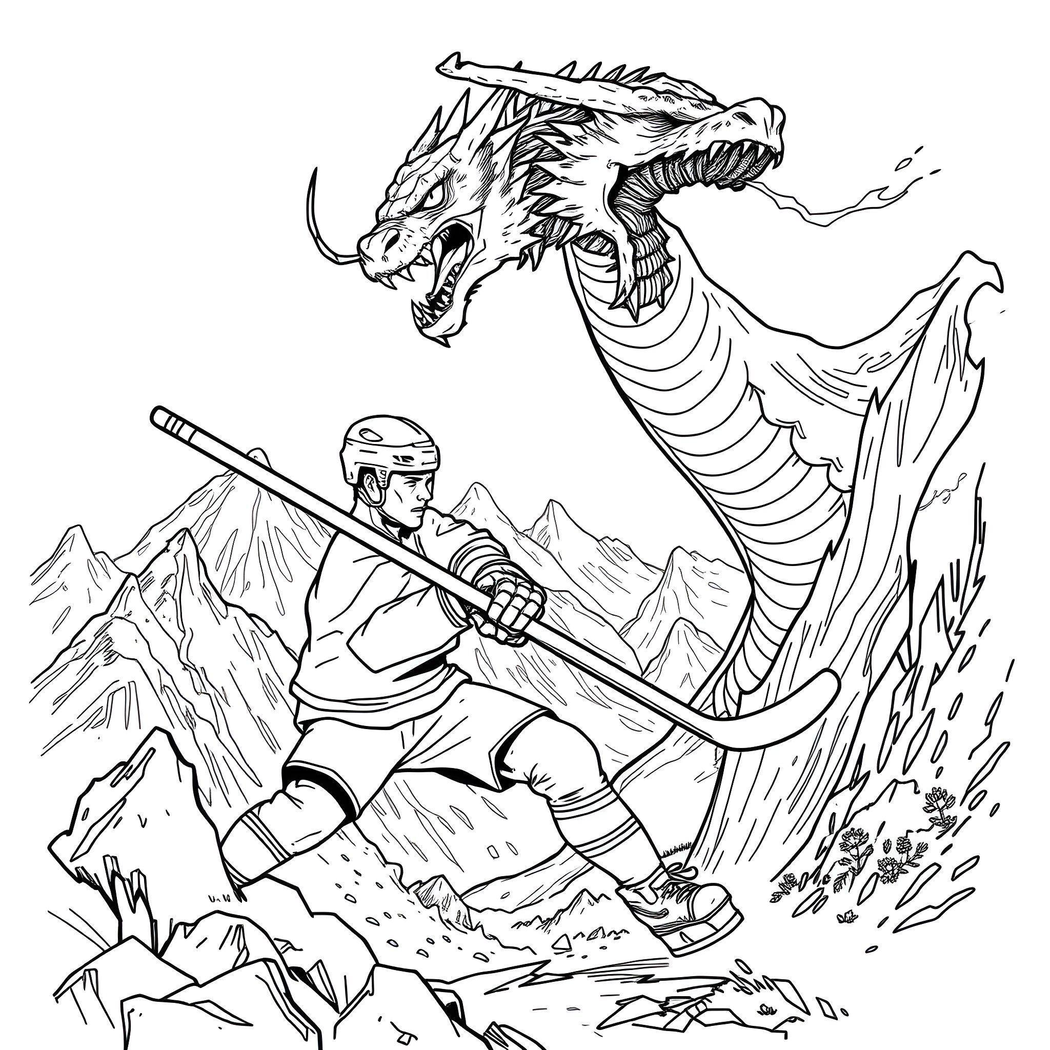 Hockey Player Fighting Mythical Dragon in Mountainous Landscape Coloring Page (free black-and-white line drawing printable PDF for all, from beginners to advanced learners, including children, teens, adults, and seniors)