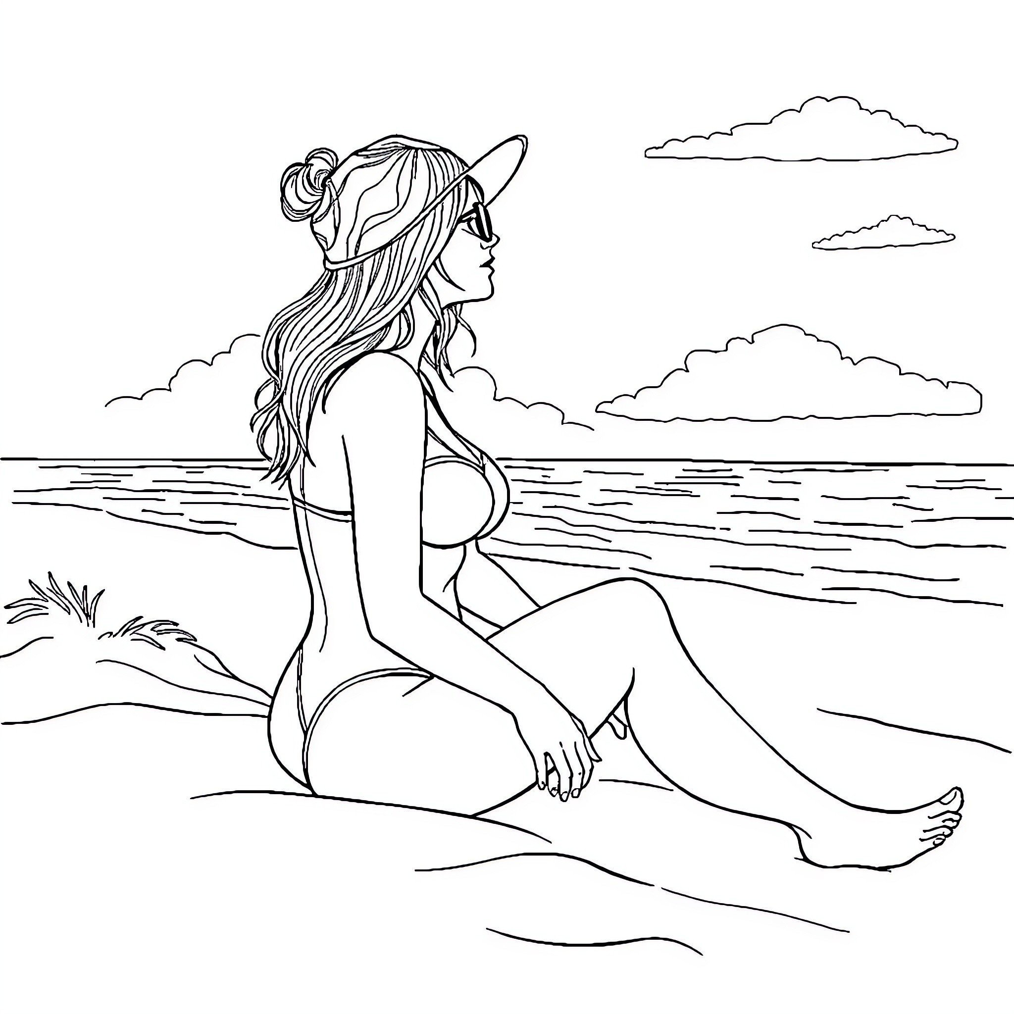 Woman enjoying peaceful beach scenery Coloring Page (free black-and-white line drawing printable PDF for all, from beginners to advanced learners, including children, teens, adults, and seniors)