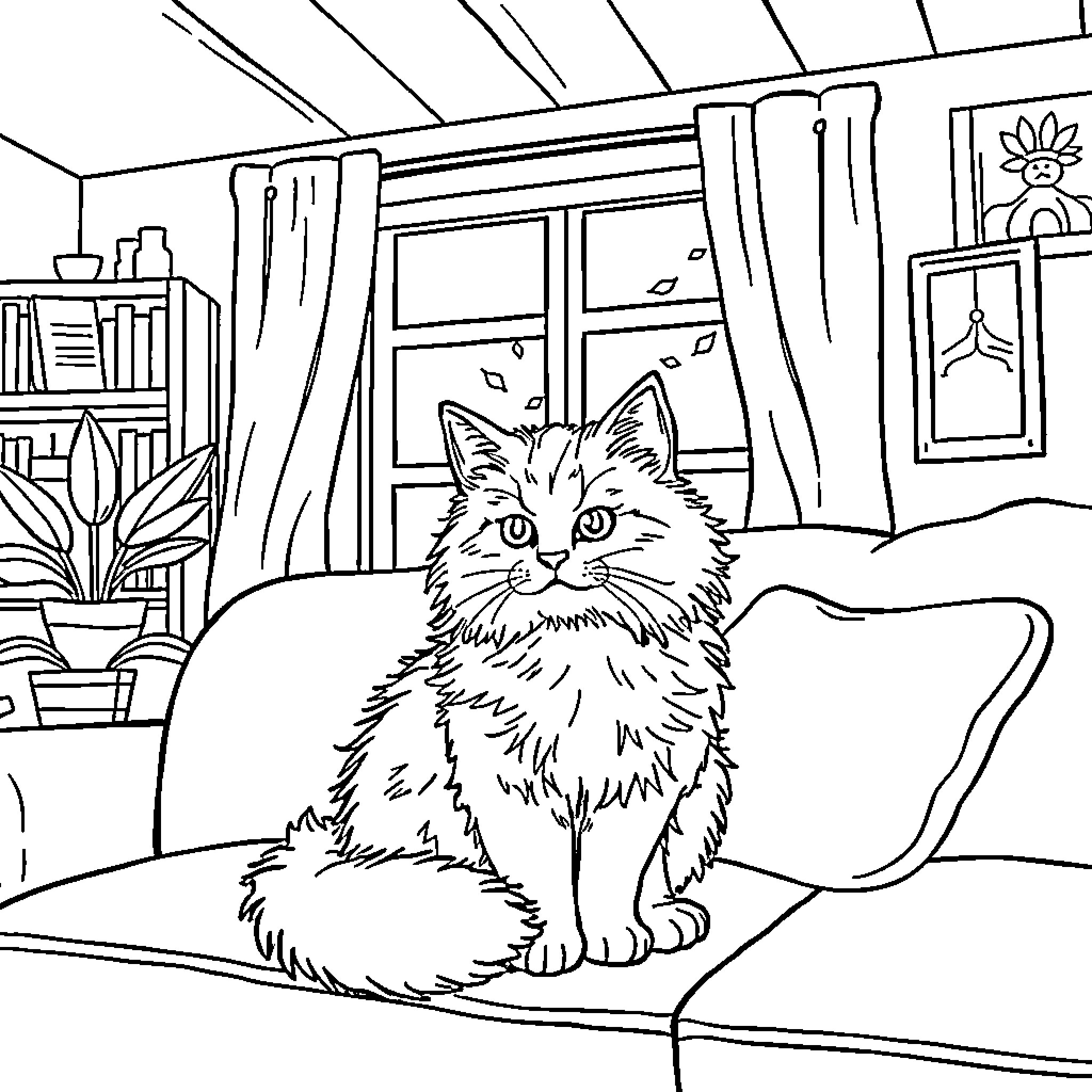 Cat Relaxing on Cozy Sofa in Charming Living Room Coloring Page (free black-and-white line drawing printable PDF for all, from beginners to advanced learners, including children, teens, adults, and seniors)