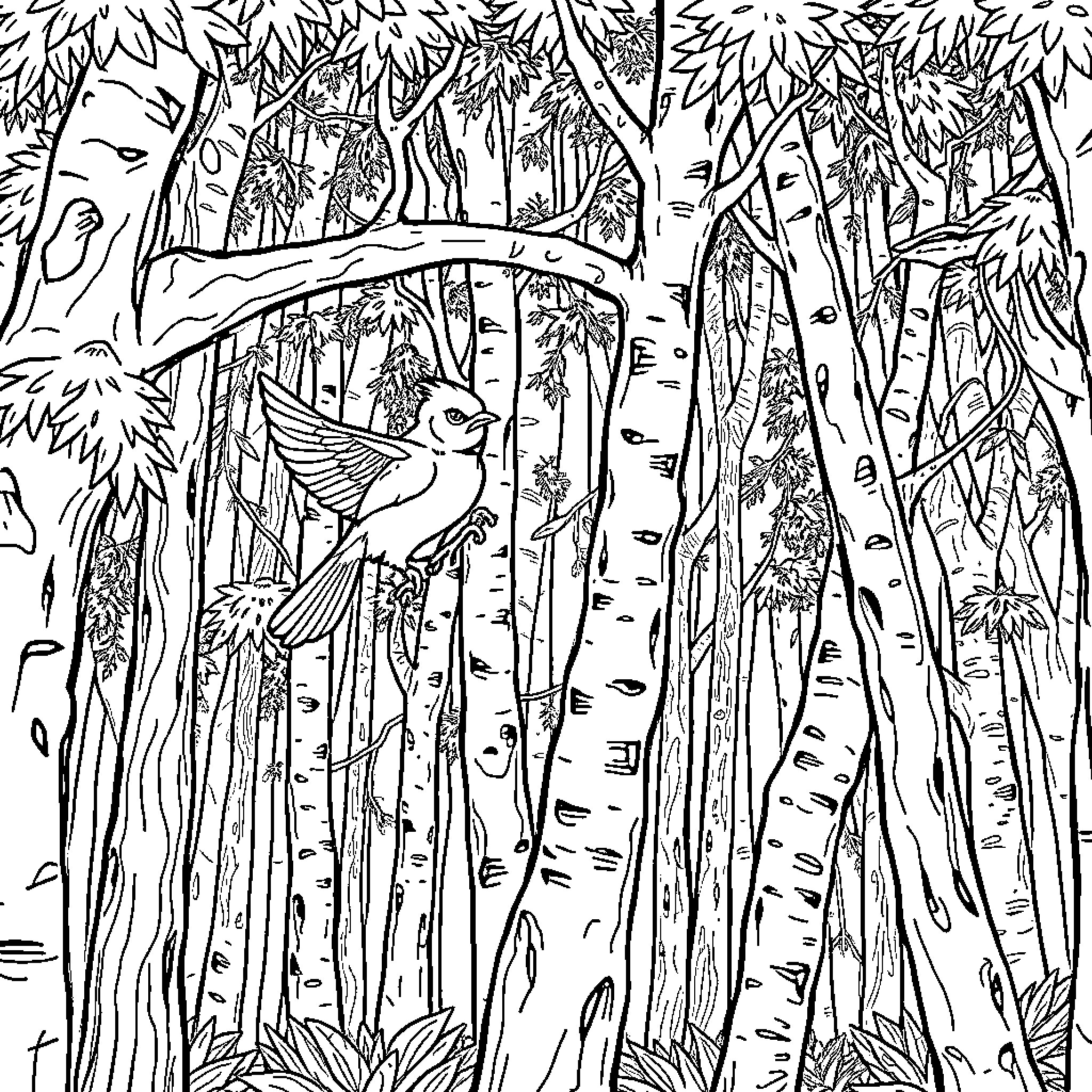 Squirrel perched amidst vibrant forest landscape Coloring Page (free black-and-white line drawing printable PDF for all, from beginners to advanced learners, including children, teens, adults, and seniors)
