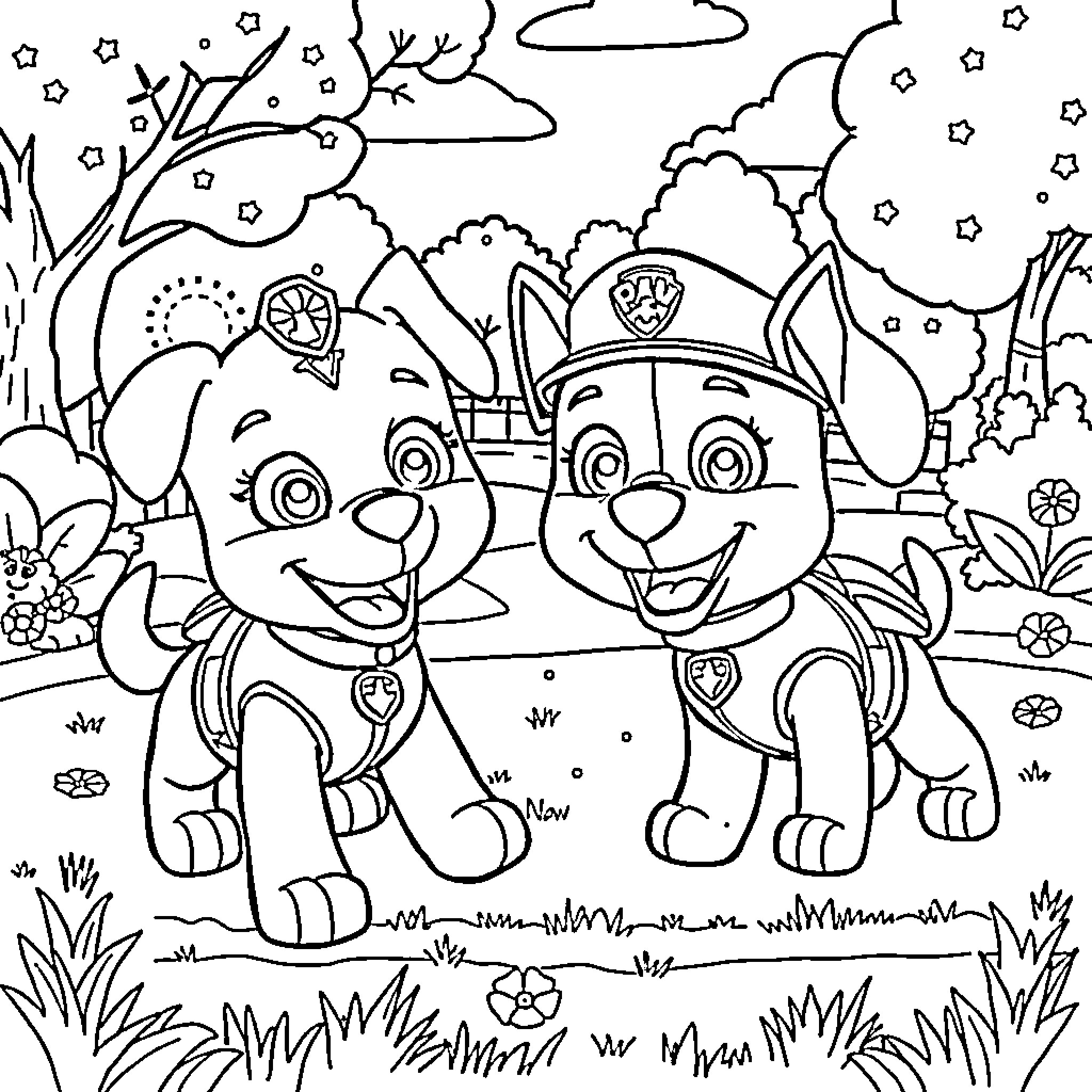 Paw Patrol on an adventure in the outdoors Coloring Page (free black-and-white line drawing printable PDF for all, from beginners to advanced learners, including children, teens, adults, and seniors)