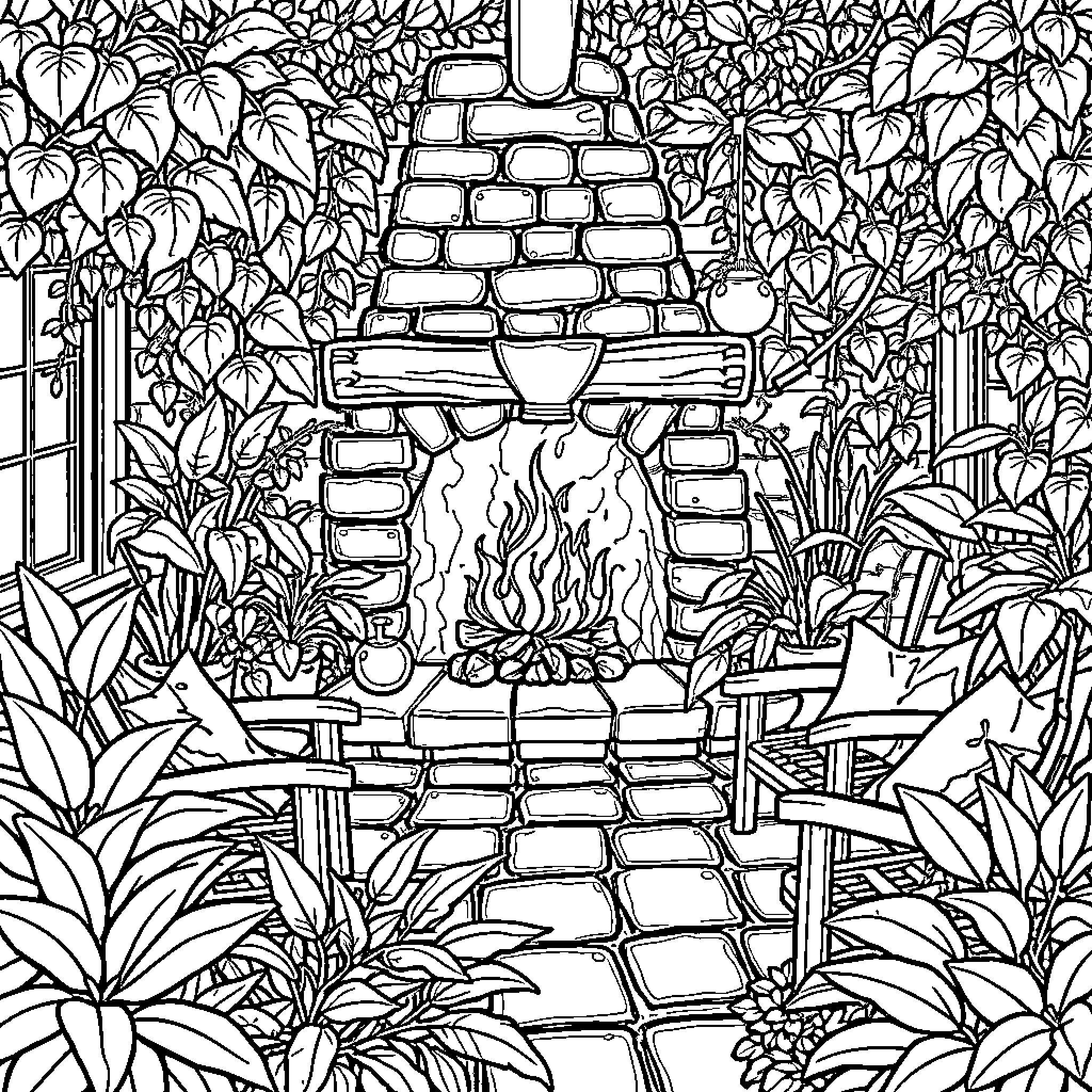 Garden scene with a cozy fireplace Coloring Page (free black-and-white line drawing printable PDF for all, from beginners to advanced learners, including children, teens, adults, and seniors)
