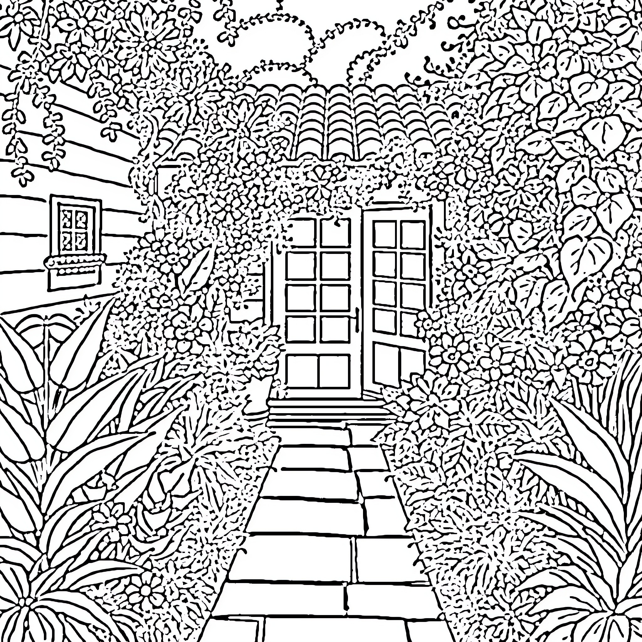 Garden Cottage Entrance with Lush Foliage Coloring Page (free black-and-white line drawing printable PDF for all, from beginners to advanced learners, including children, teens, adults, and seniors)