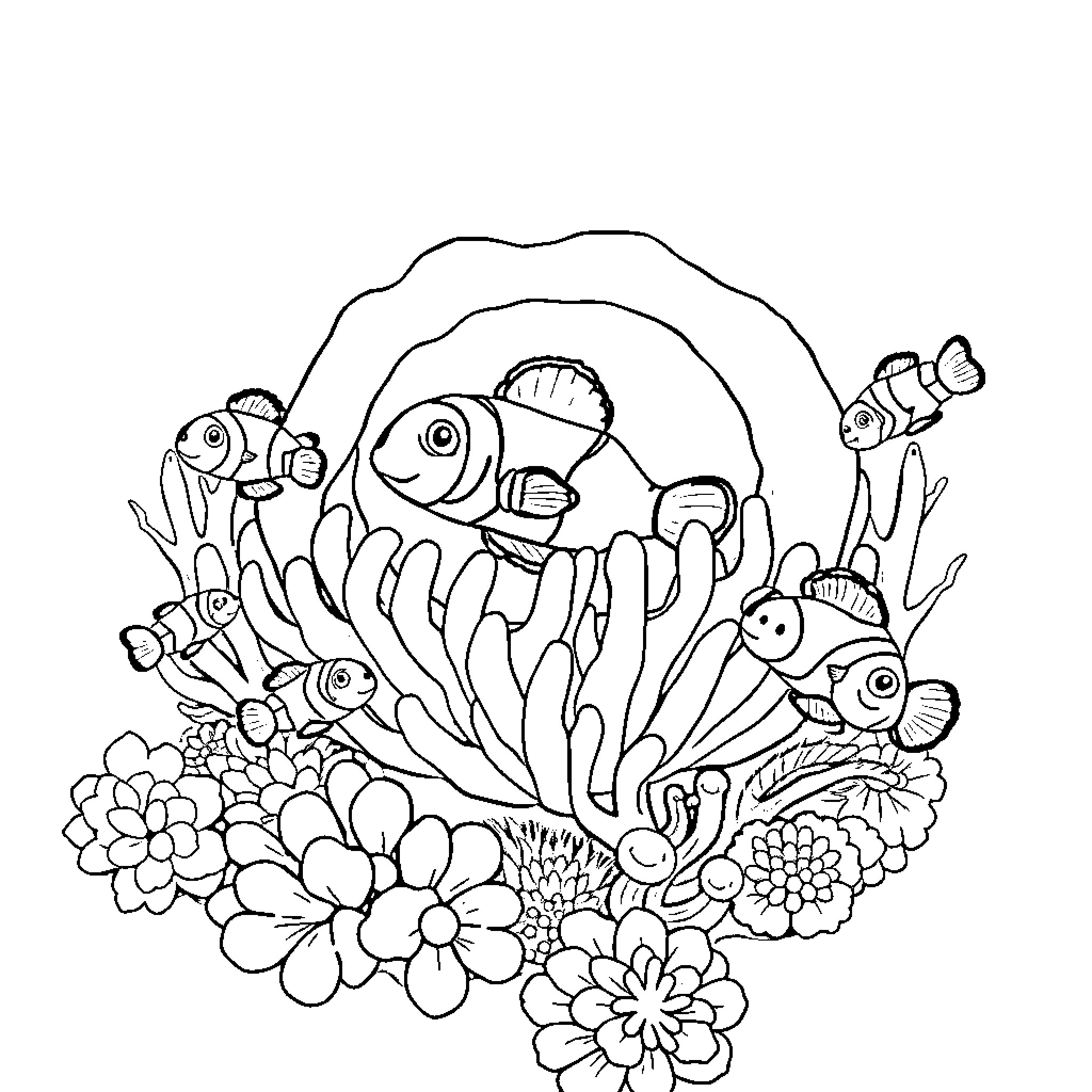 Anemone and marine life in an underwater scene Coloring Page (free black-and-white line drawing printable PDF for all, from beginners to advanced learners, including children, teens, adults, and seniors)