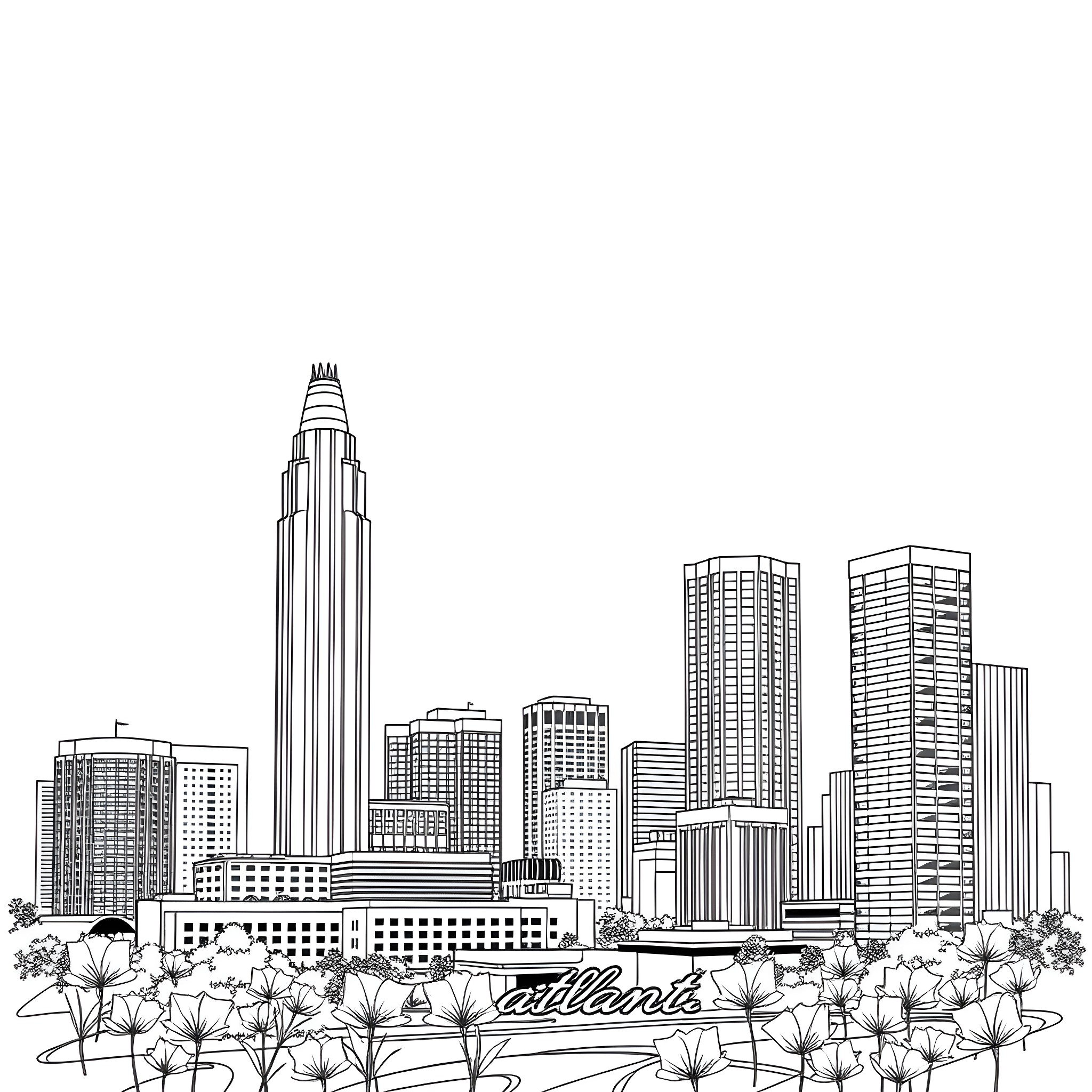 Atlanta Skyline with Cityscape and Floral Foreground Coloring Page (free black-and-white line drawing printable PDF for all, from beginners to advanced learners, including children, teens, adults, and seniors)