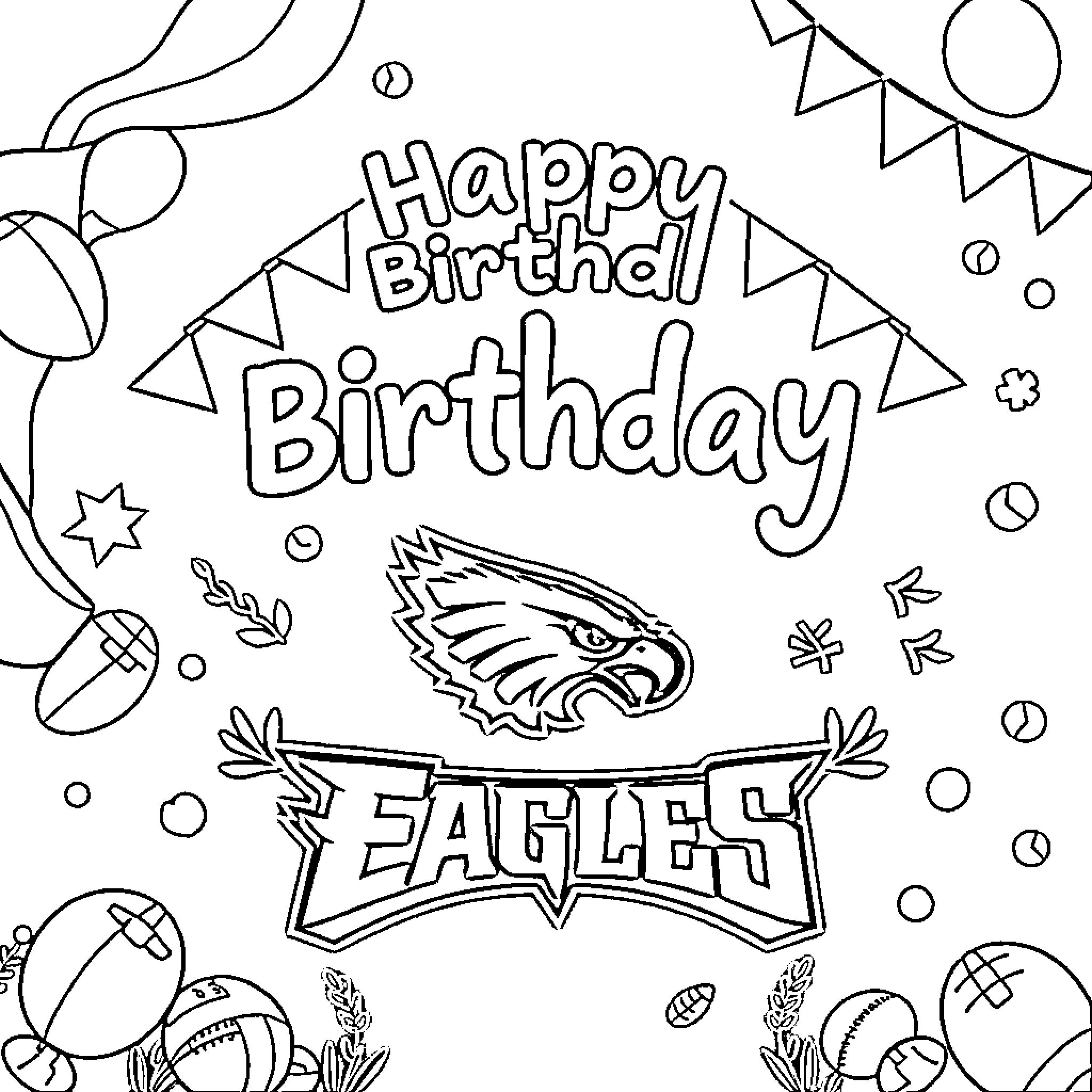 Philadelphia Eagles Happy Birthday Coloring Page Coloring Page (free black-and-white line drawing printable PDF for all, from beginners to advanced learners, including children, teens, adults, and seniors)