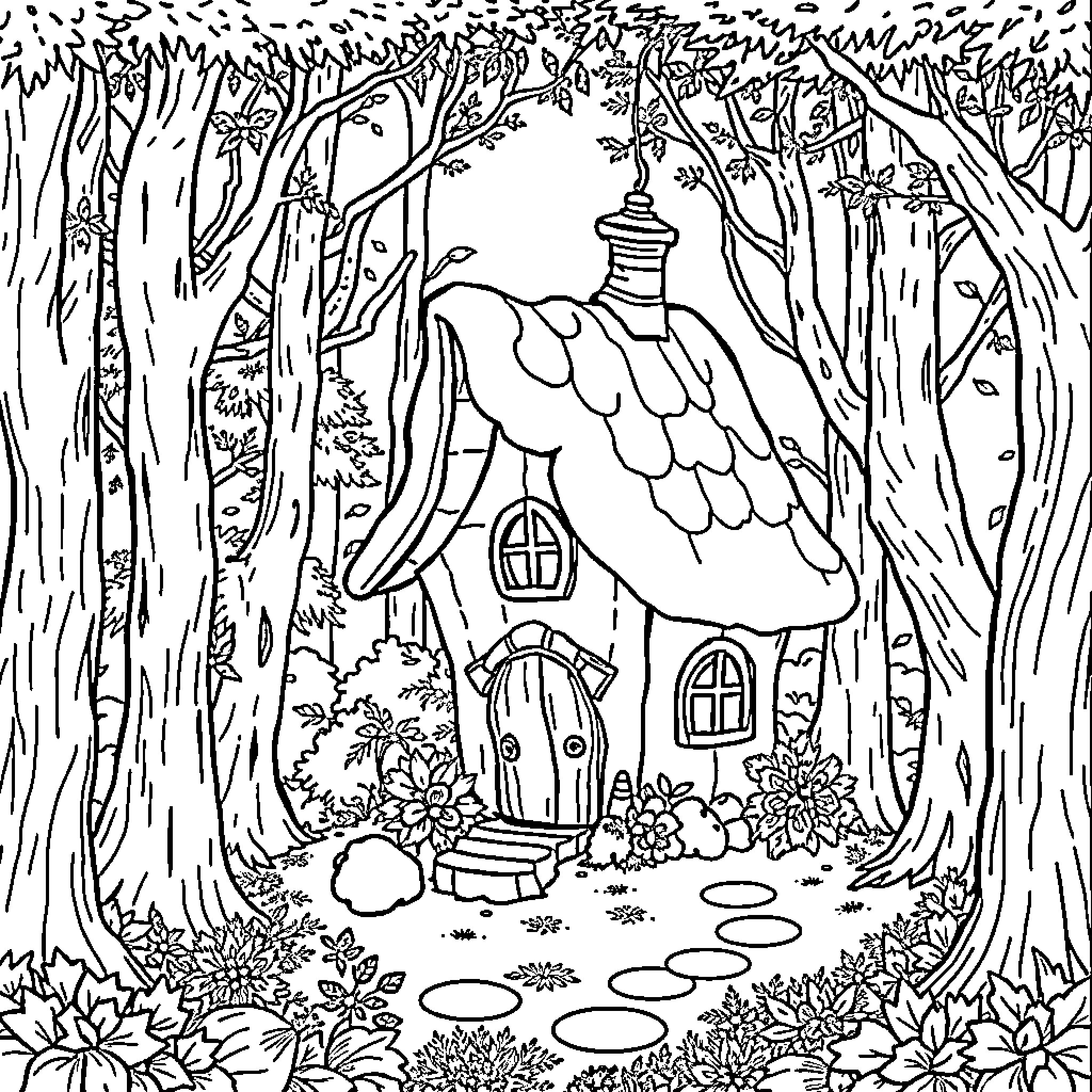 Fairy House in Enchanted Forest Woodland Scene Coloring Page (free black-and-white line drawing printable PDF for all, from beginners to advanced learners, including children, teens, adults, and seniors)