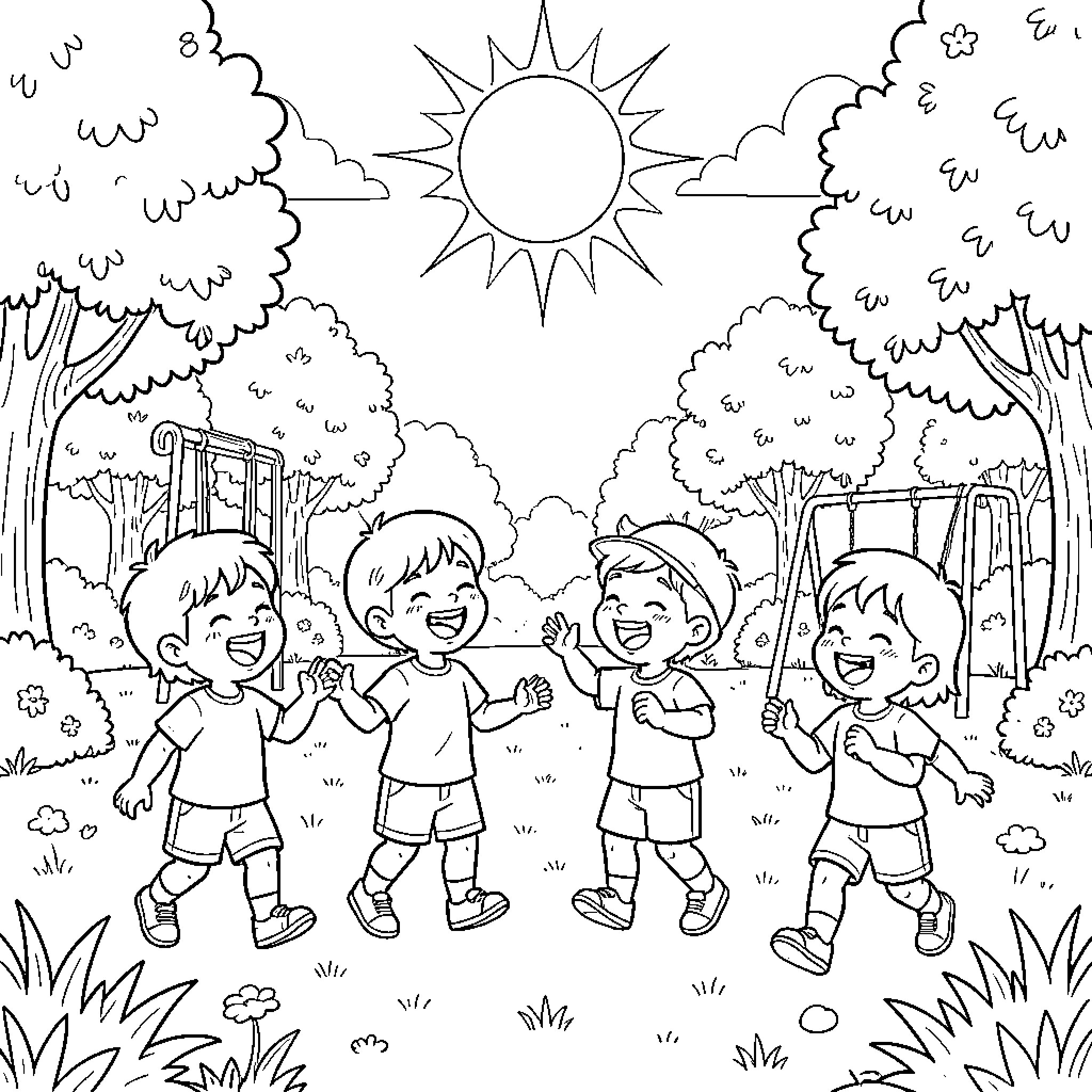 Child Playing Happily in Outdoor Nature Scene Coloring Page (free black-and-white line drawing printable PDF for all, from beginners to advanced learners, including children, teens, adults, and seniors)