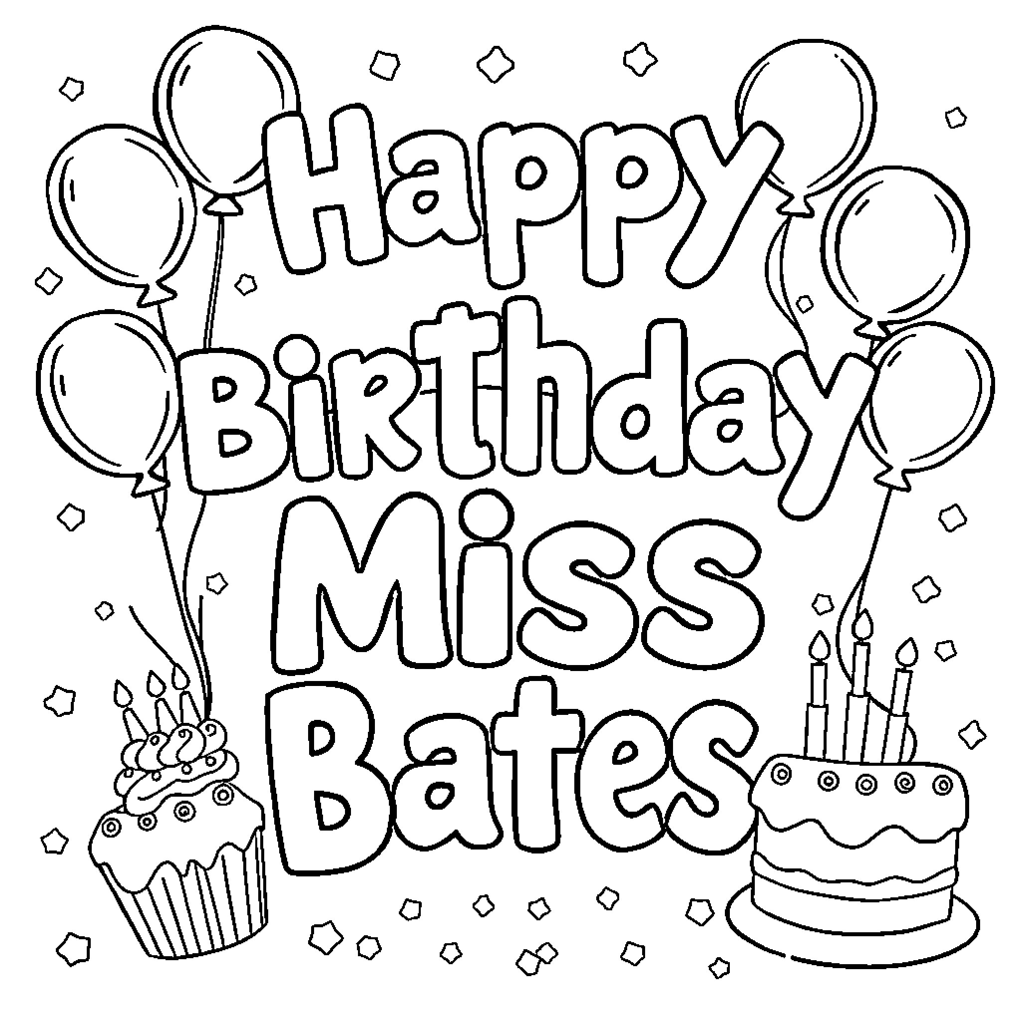 Birthday celebration with cakes, balloons, and messages Coloring Page (free black-and-white line drawing printable PDF for all, from beginners to advanced learners, including children, teens, adults, and seniors)