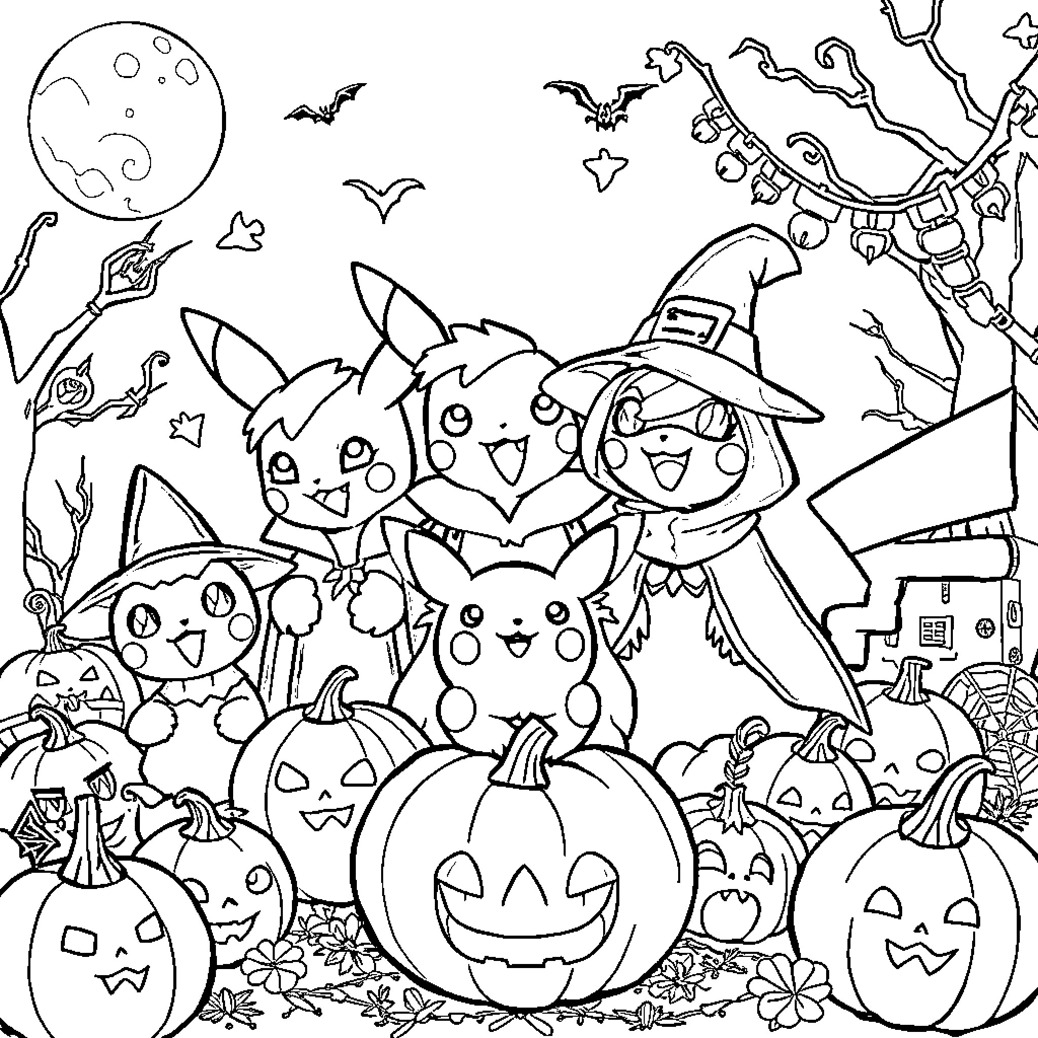 Pokémon characters celebrate Halloween Coloring Page (free black-and-white line drawing printable PDF for all, from beginners to advanced learners, including children, teens, adults, and seniors)