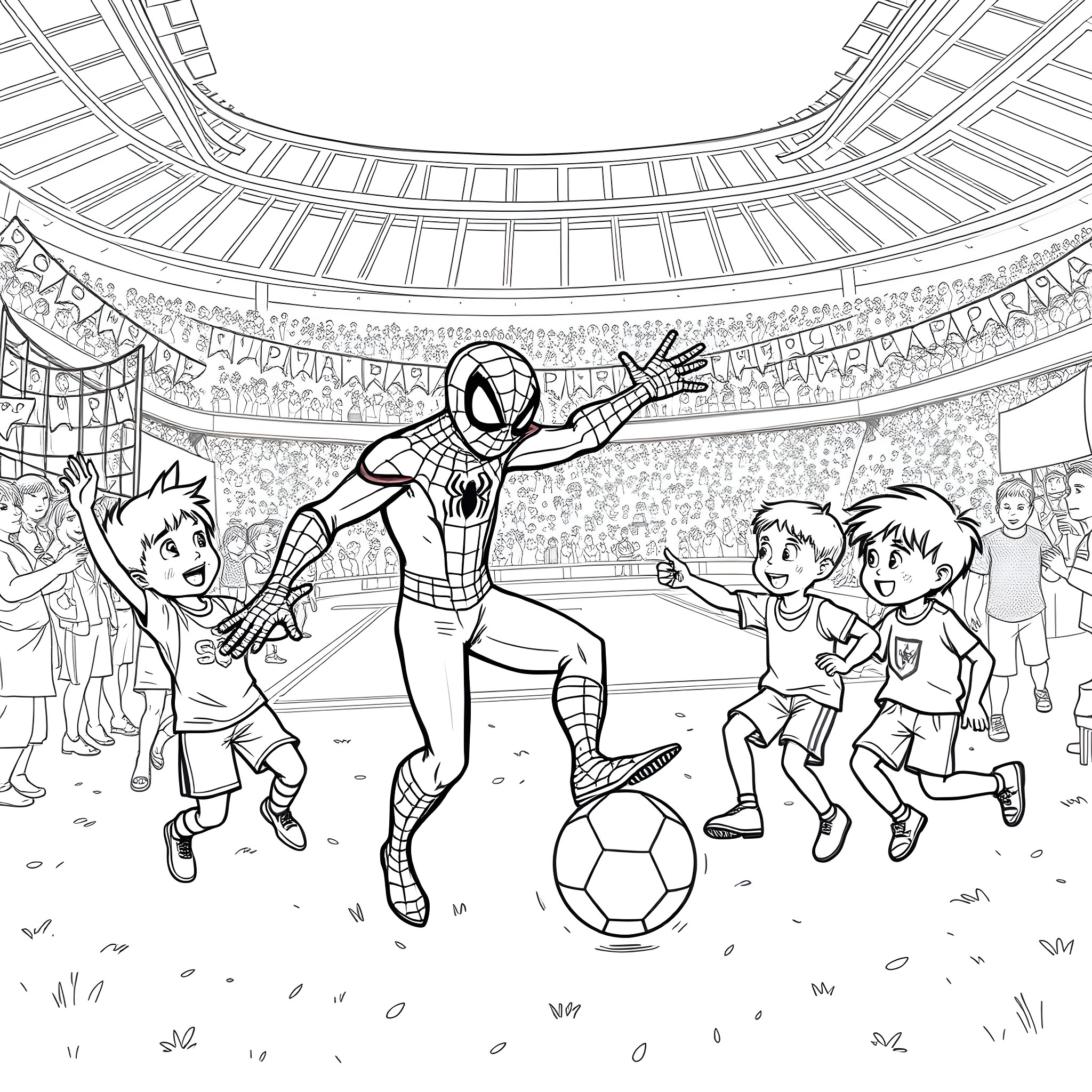 Spiderman plays soccer with children in stadium Coloring Page (free black-and-white line drawing printable PDF for all, from beginners to advanced learners, including children, teens, adults, and seniors)