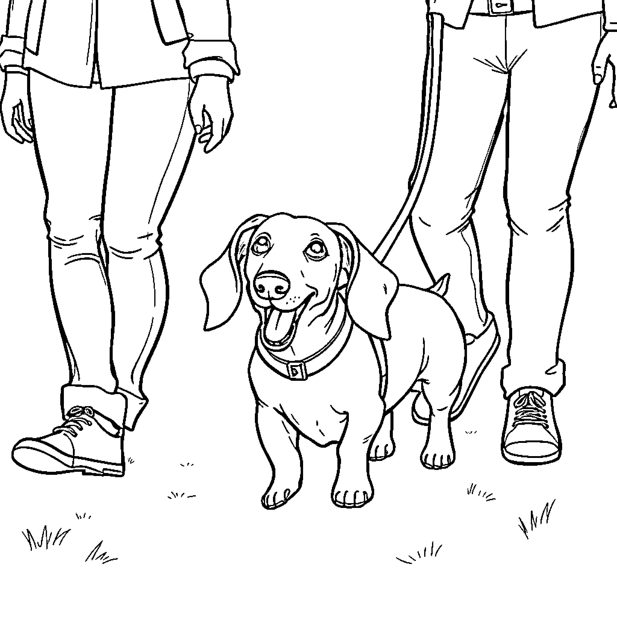 Dachshund enjoying a walk with its owners Coloring Page (free black-and-white line drawing printable PDF for all, from beginners to advanced learners, including children, teens, adults, and seniors)