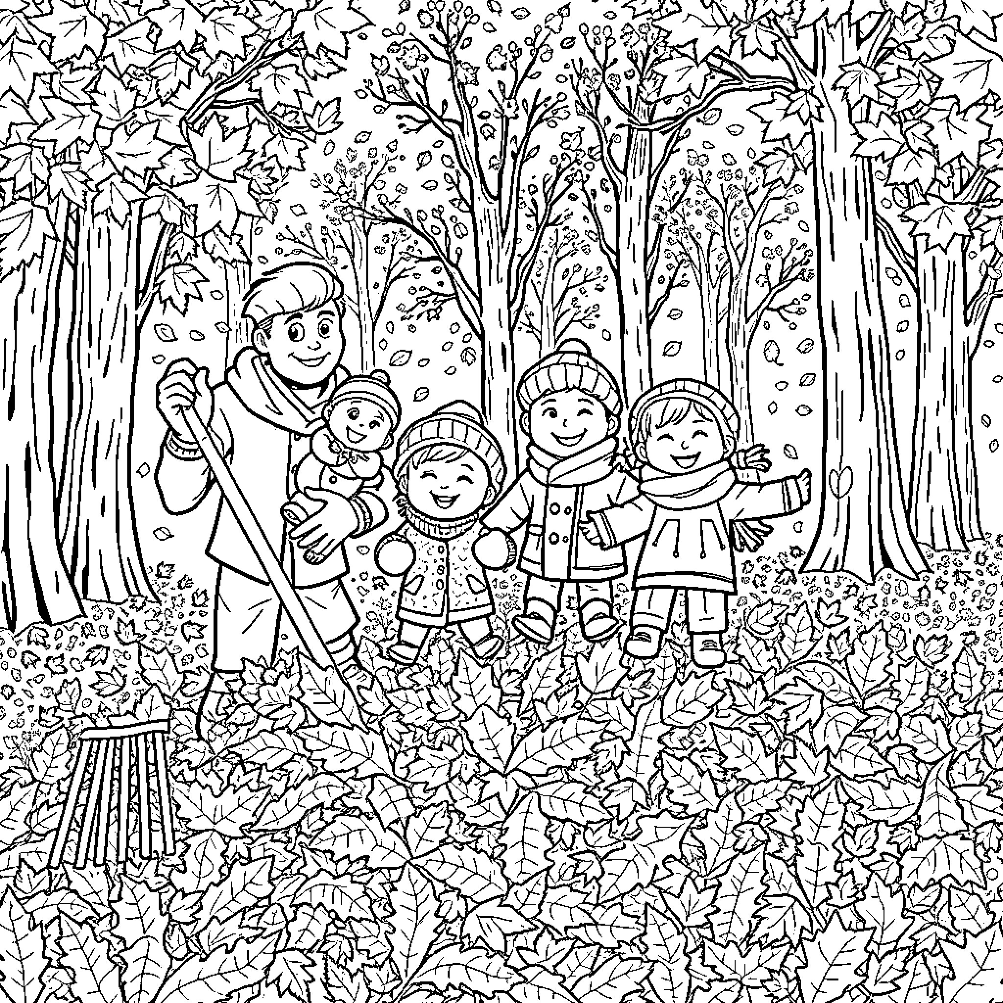 Family Enjoying Autumn Outdoor Adventure Coloring Page (free black-and-white line drawing printable PDF for all, from beginners to advanced learners, including children, teens, adults, and seniors)