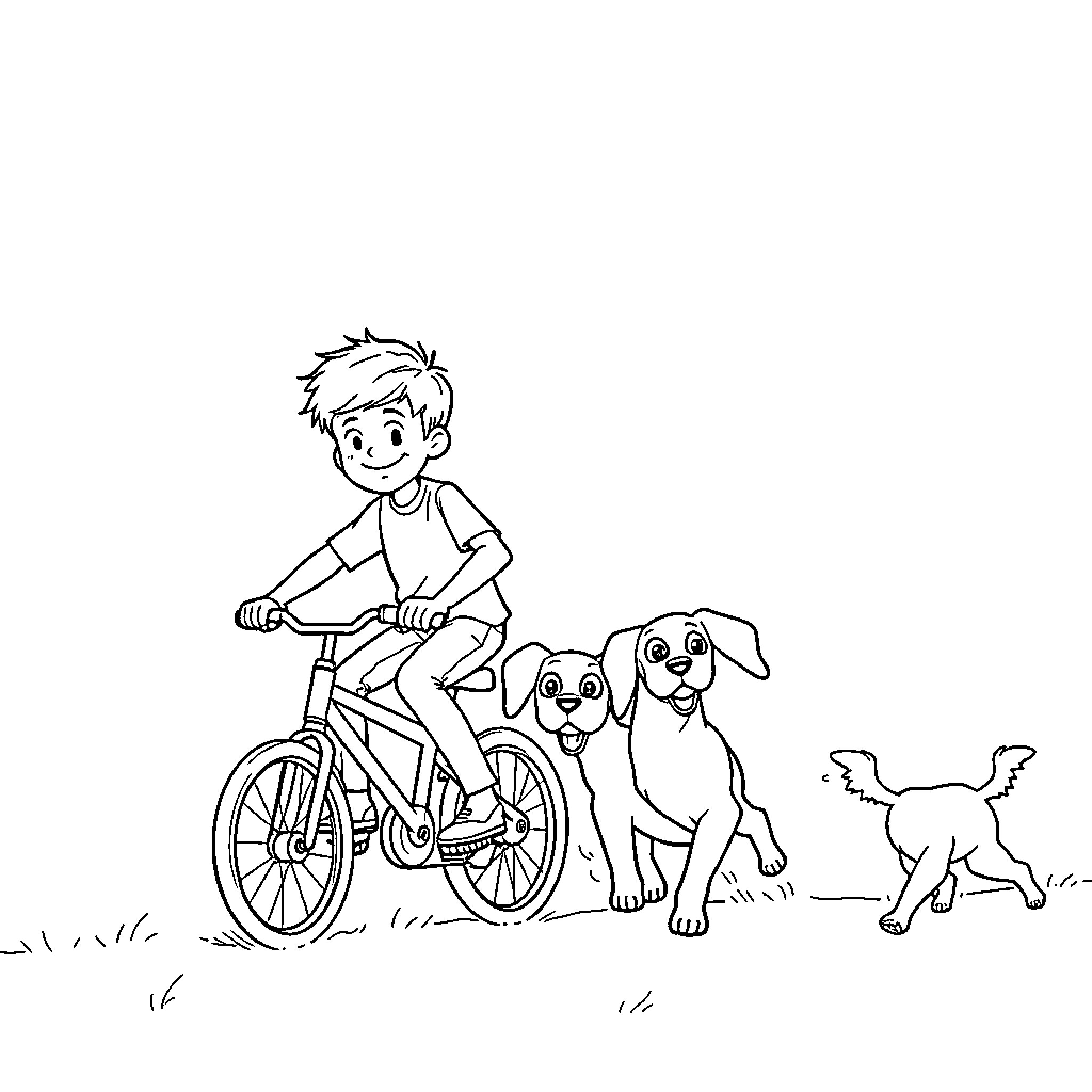 Boy riding bicycle with two playful dogs Coloring Page (free black-and-white line drawing printable PDF for all, from beginners to advanced learners, including children, teens, adults, and seniors)