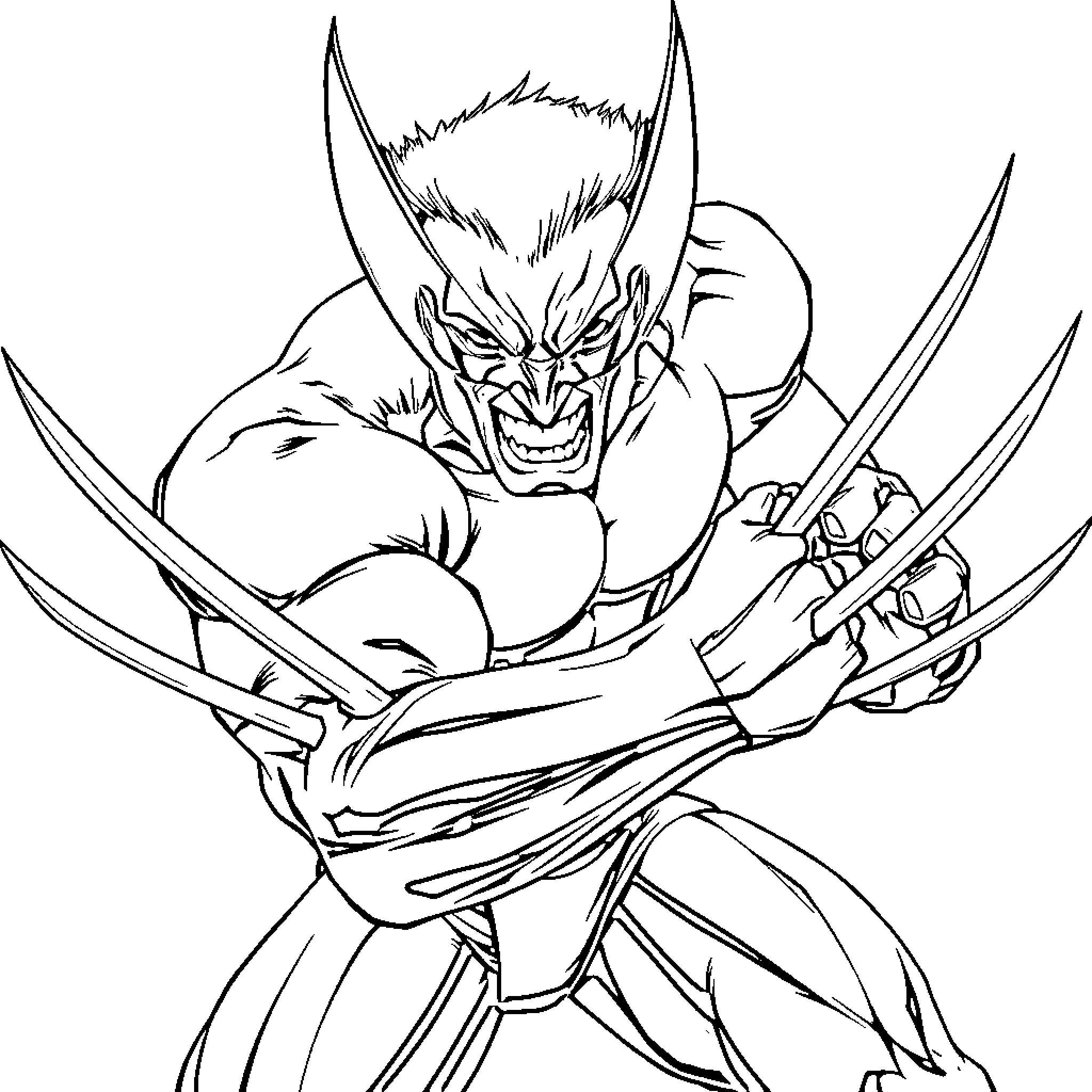 Wolverine in a fierce battle stance Coloring Page (free black-and-white line drawing printable PDF for all, from beginners to advanced learners, including children, teens, adults, and seniors)