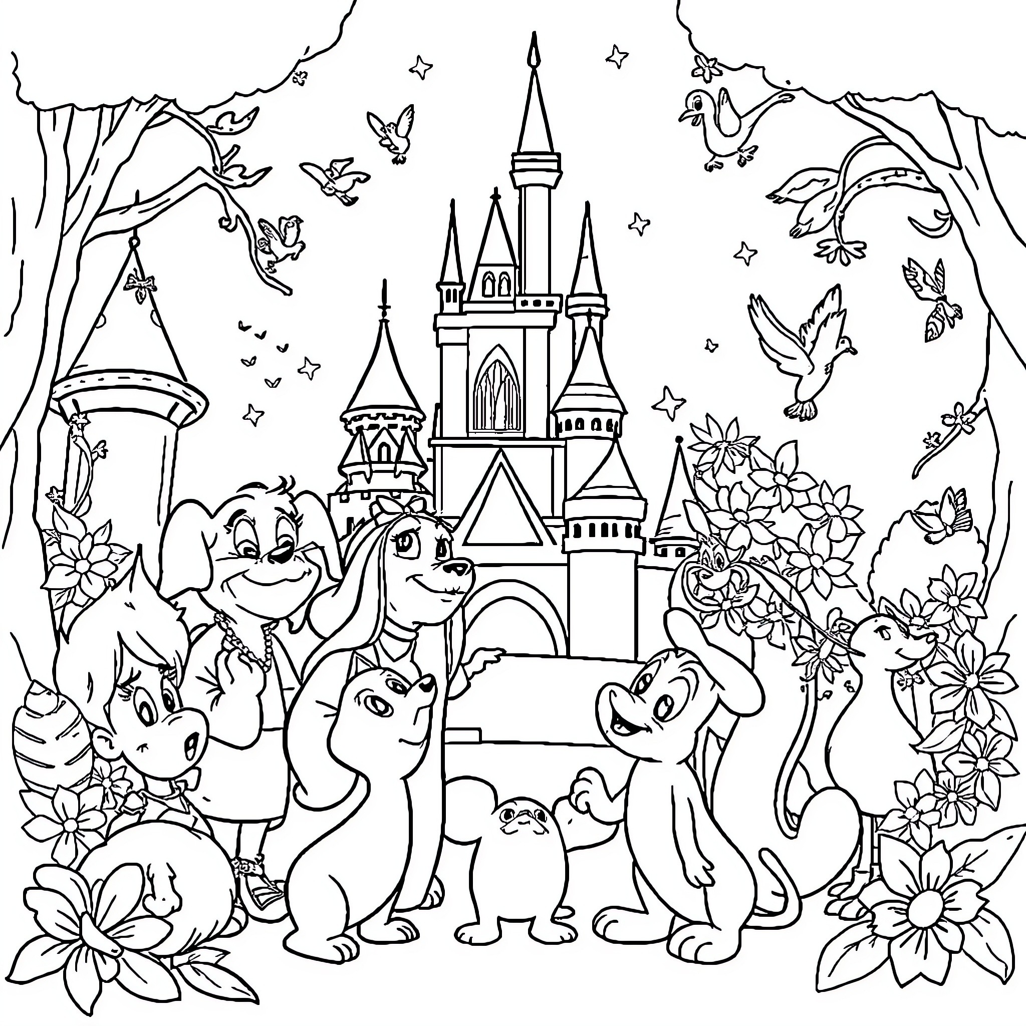 Disney characters explore a magical castle surrounded by nature Coloring Page (free black-and-white line drawing printable PDF for all, from beginners to advanced learners, including children, teens, adults, and seniors)