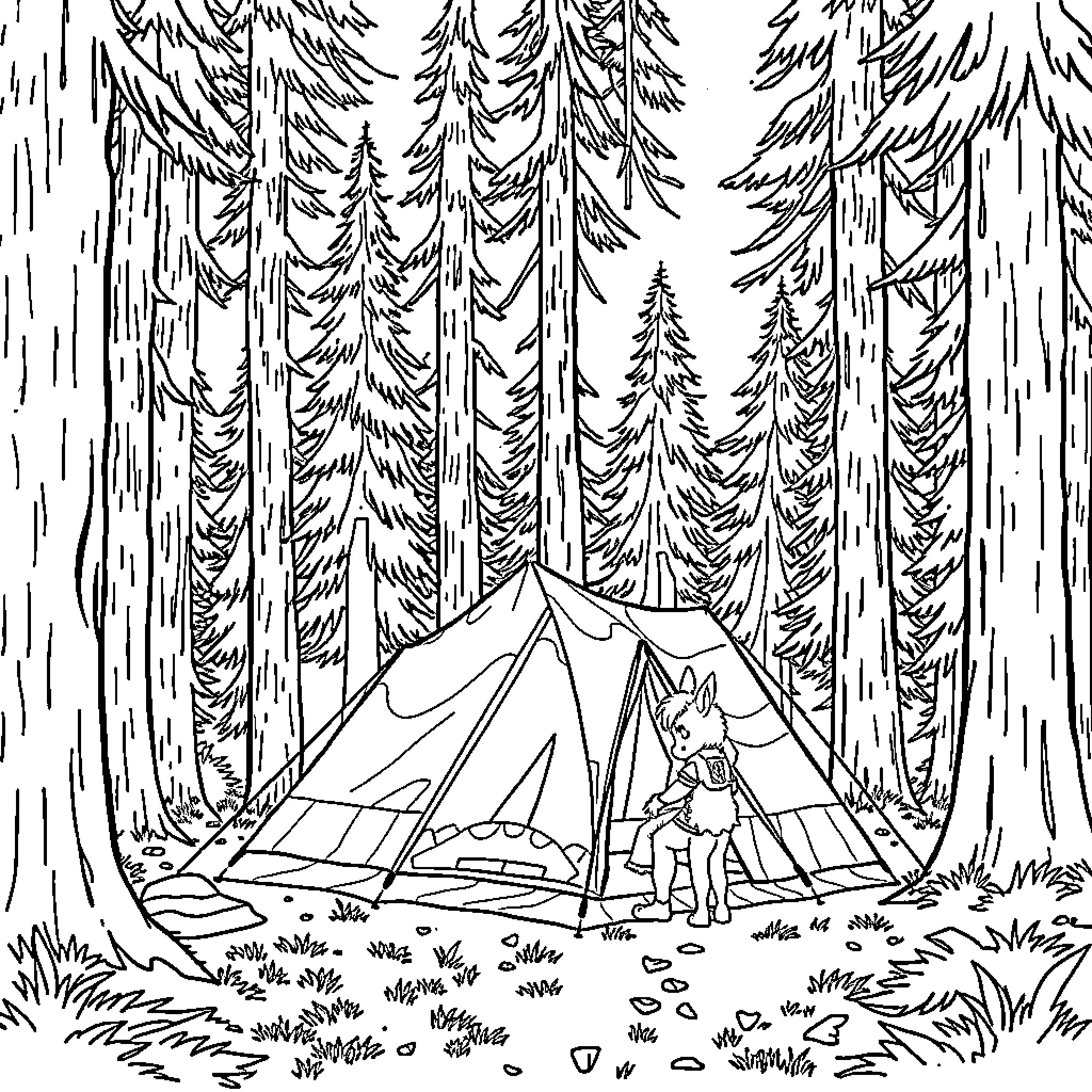 Huntrix's Forest Camping Adventure Coloring Page (free black-and-white line drawing printable PDF for all, from beginners to advanced learners, including children, teens, adults, and seniors)