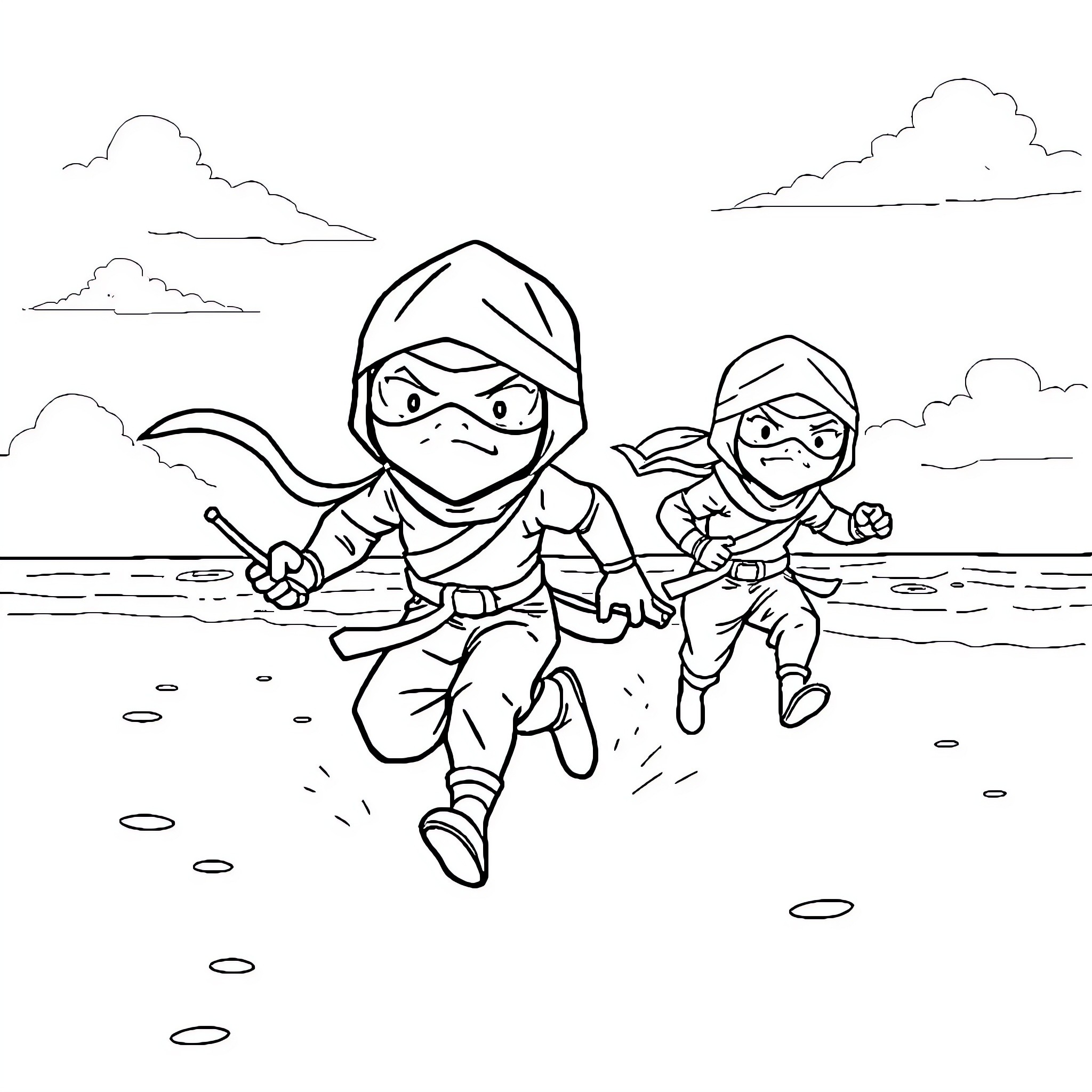 Ninja Kid Duo on a Thrilling Adventure Coloring Page (free black-and-white line drawing printable PDF for all, from beginners to advanced learners, including children, teens, adults, and seniors)