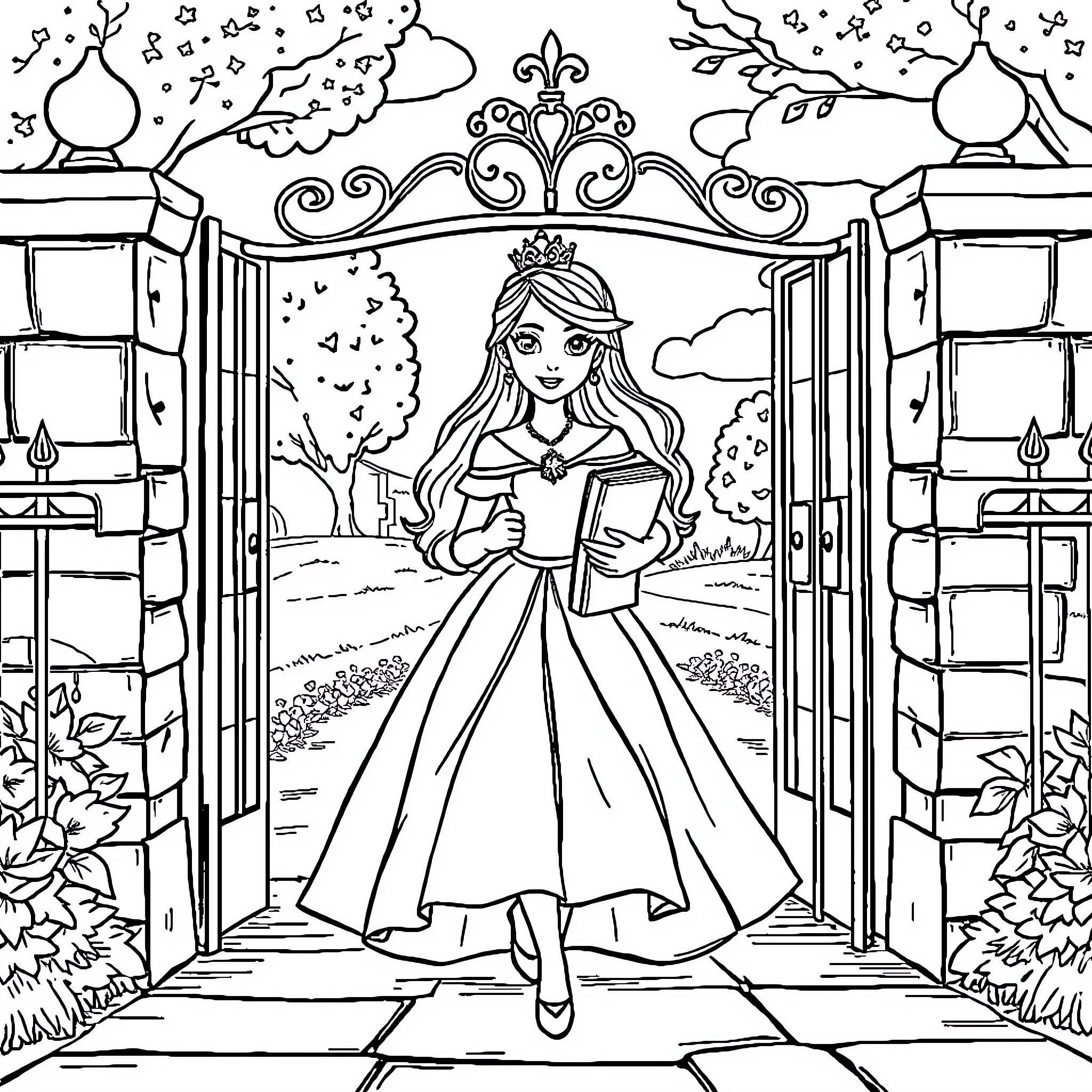 Princess in a Storybook Courtyard Coloring Page (free black-and-white line drawing printable PDF for all, from beginners to advanced learners, including children, teens, adults, and seniors)