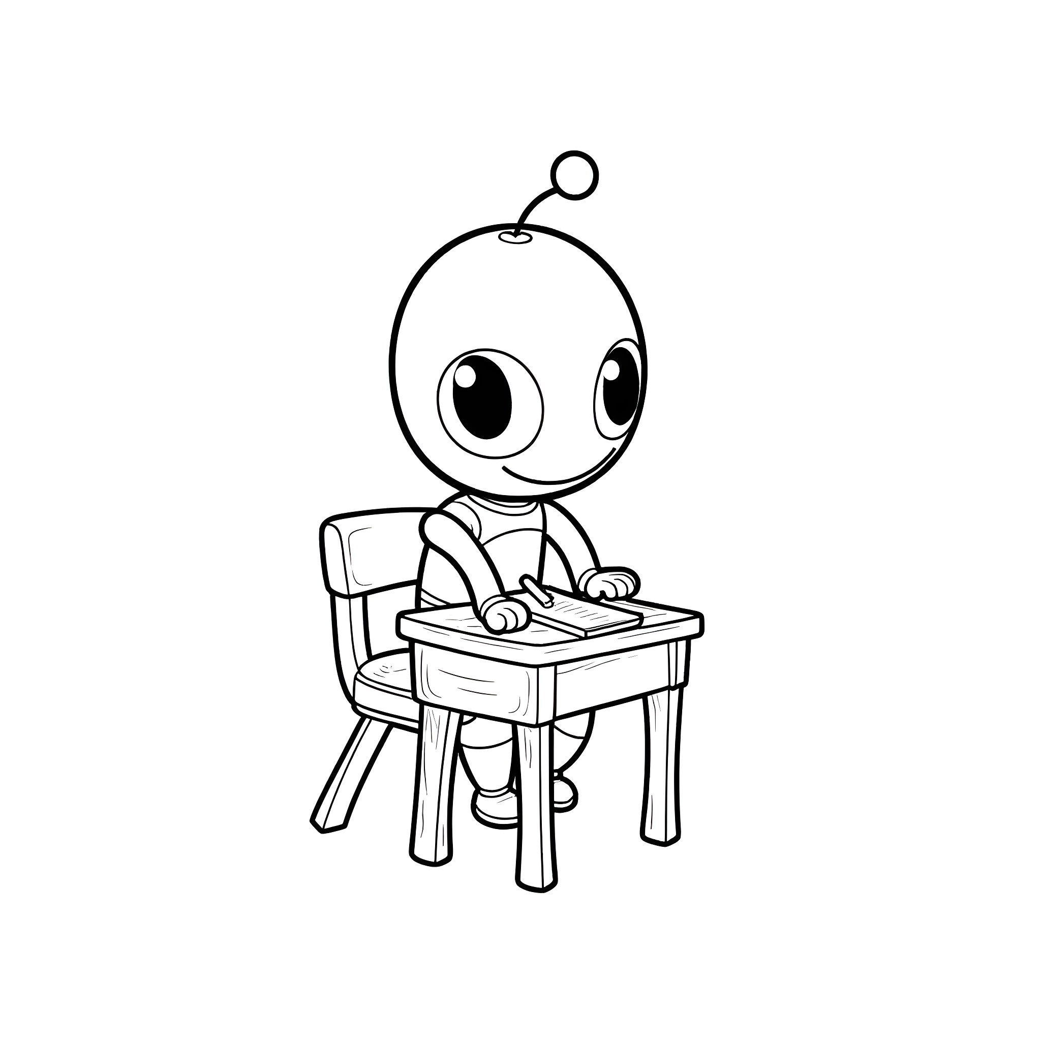 Robot Student Studying at Desk Coloring Page (free black-and-white line drawing printable PDF for all, from beginners to advanced learners, including children, teens, adults, and seniors)