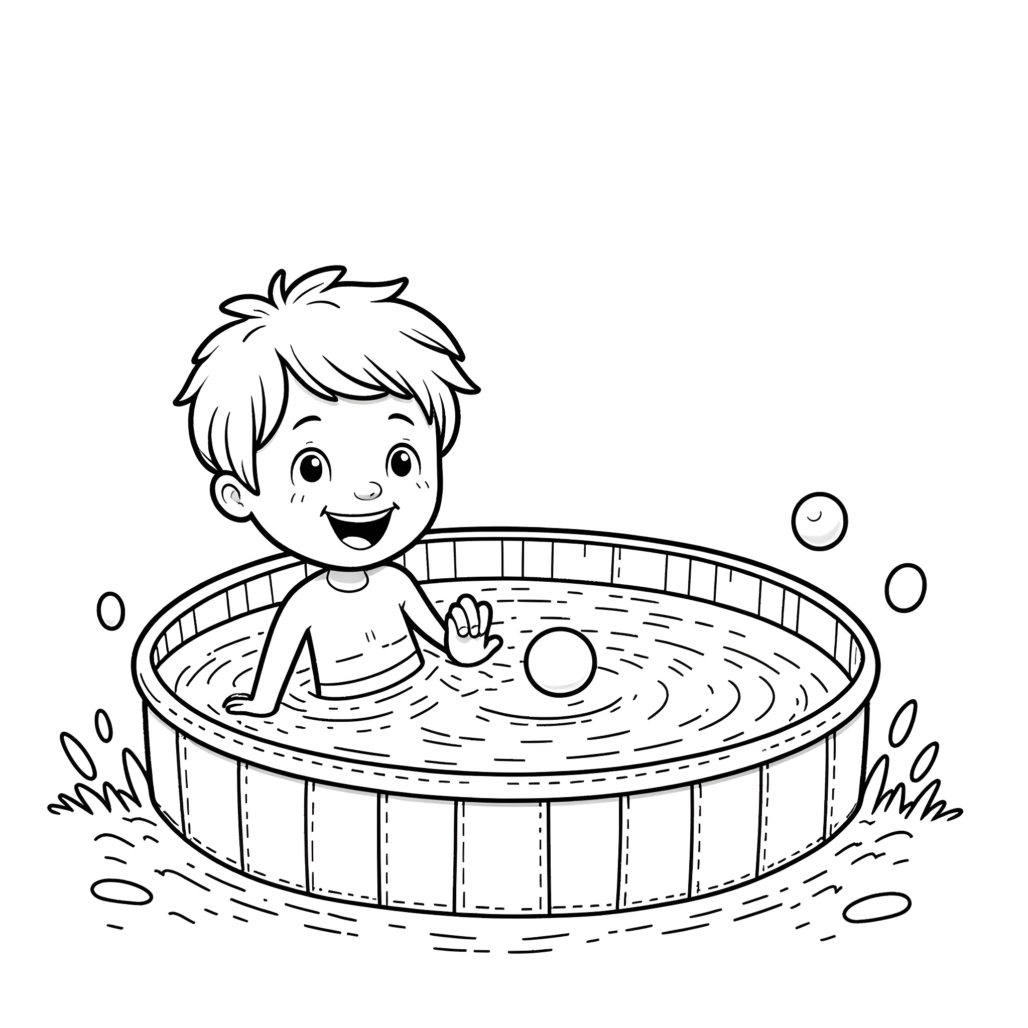Boy playing joyfully in the pool Coloring Page (free black-and-white line drawing printable PDF for all, from beginners to advanced learners, including children, teens, adults, and seniors)