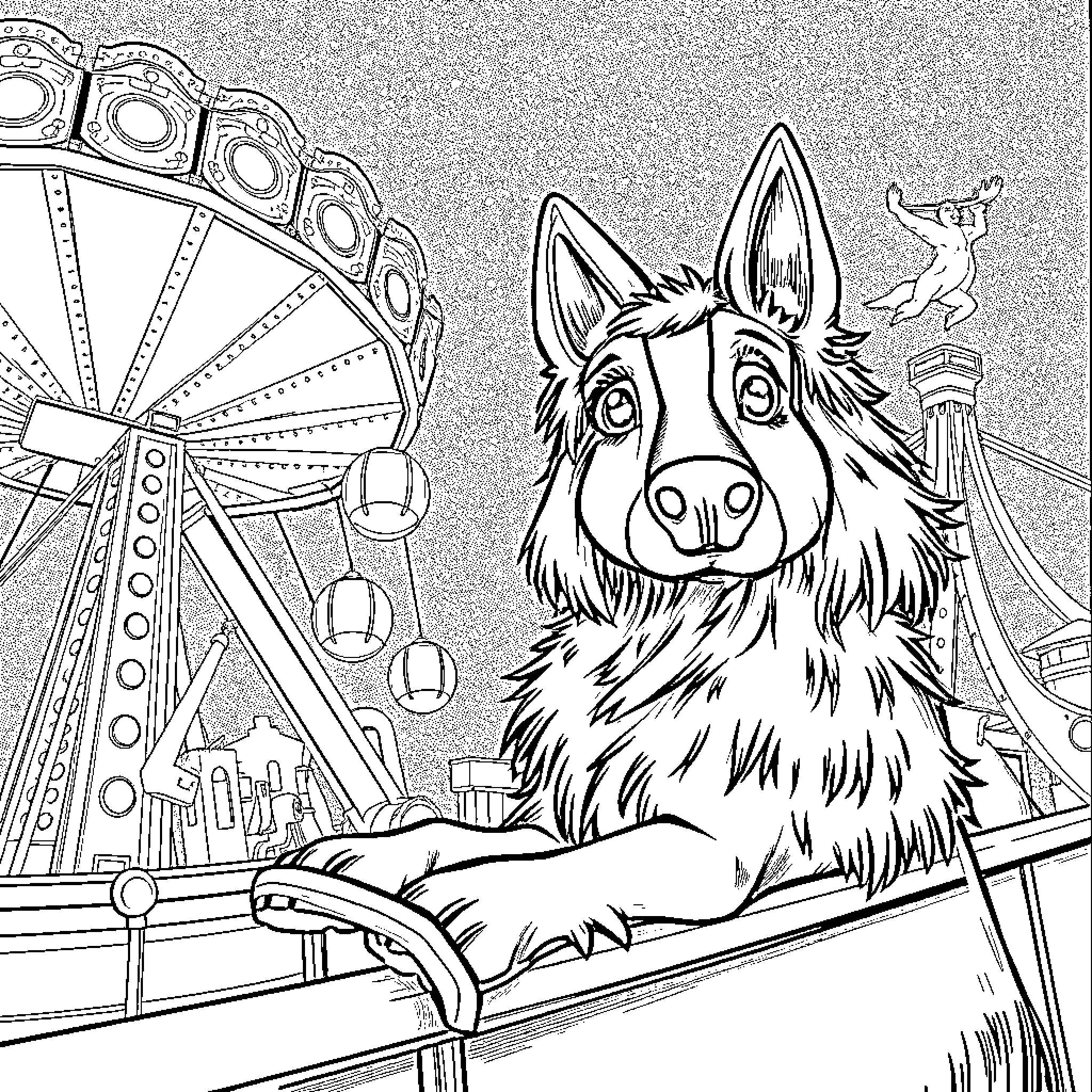 Huntrix's Fun at the Carnival Coloring Page (free black-and-white line drawing printable PDF for all, from beginners to advanced learners, including children, teens, adults, and seniors)
