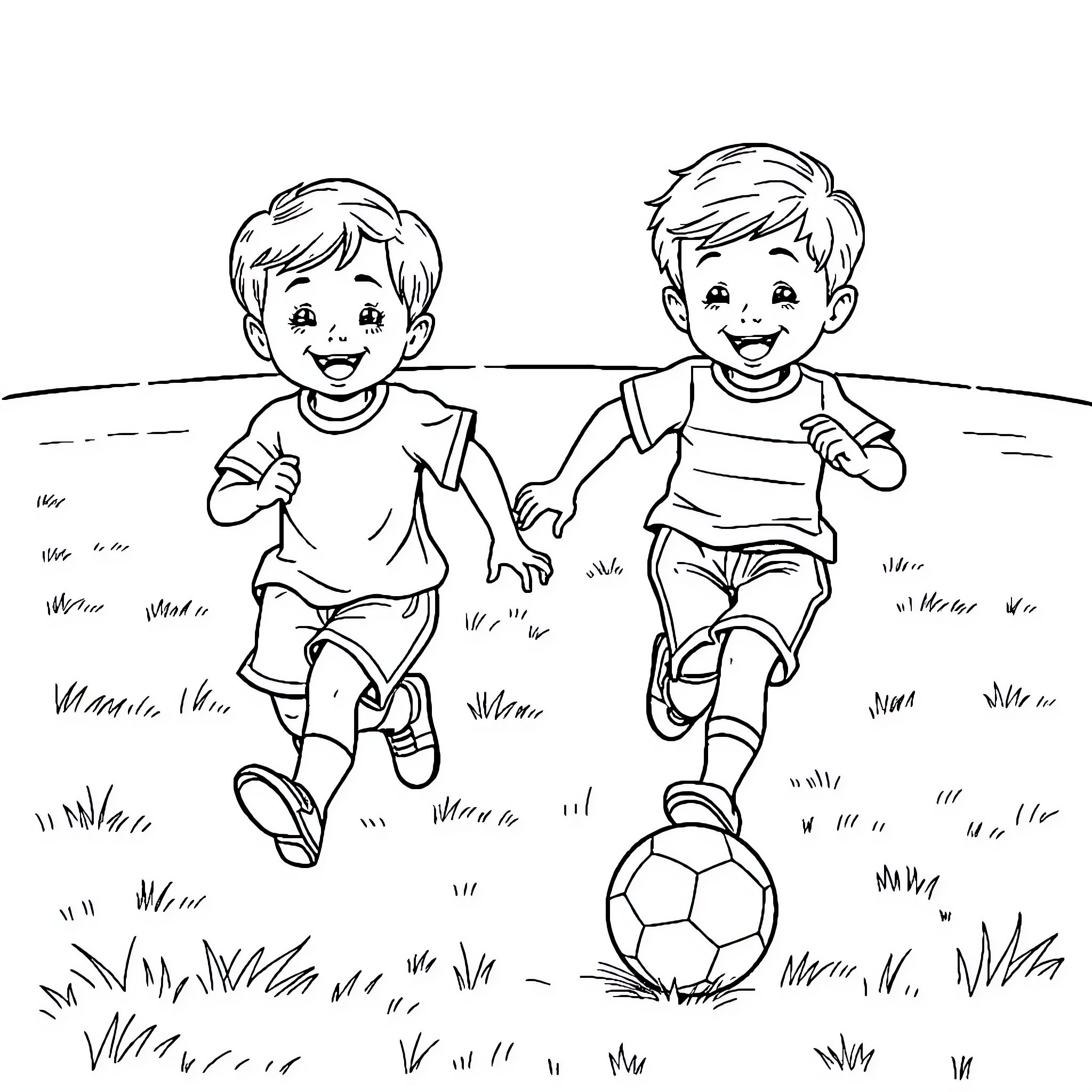 Toddlers playing joyfully with soccer ball in grassy field Coloring Page (free black-and-white line drawing printable PDF for all, from beginners to advanced learners, including children, teens, adults, and seniors)