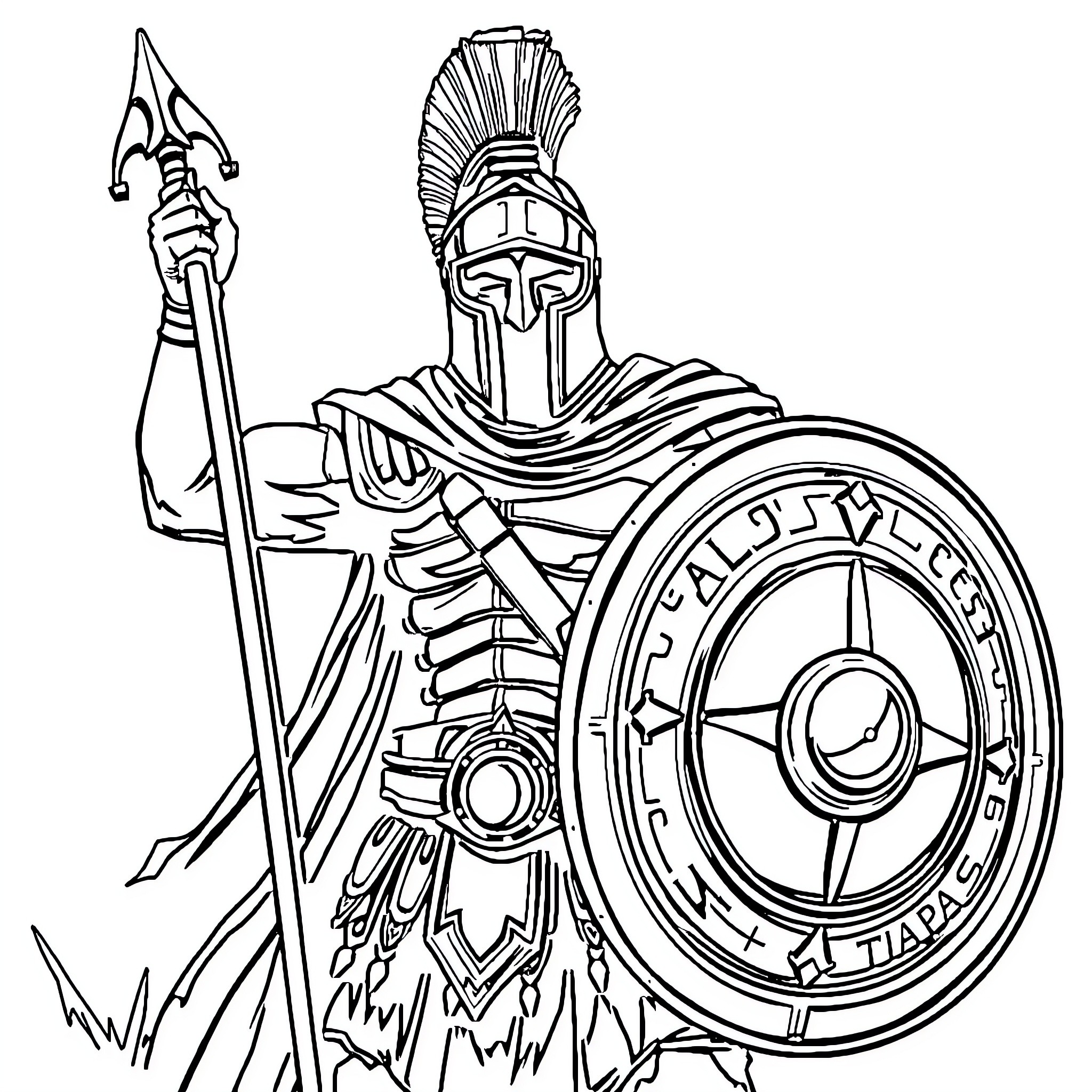 Spartan warrior wielding spear and shield Coloring Page (free black-and-white line drawing printable PDF for all, from beginners to advanced learners, including children, teens, adults, and seniors)