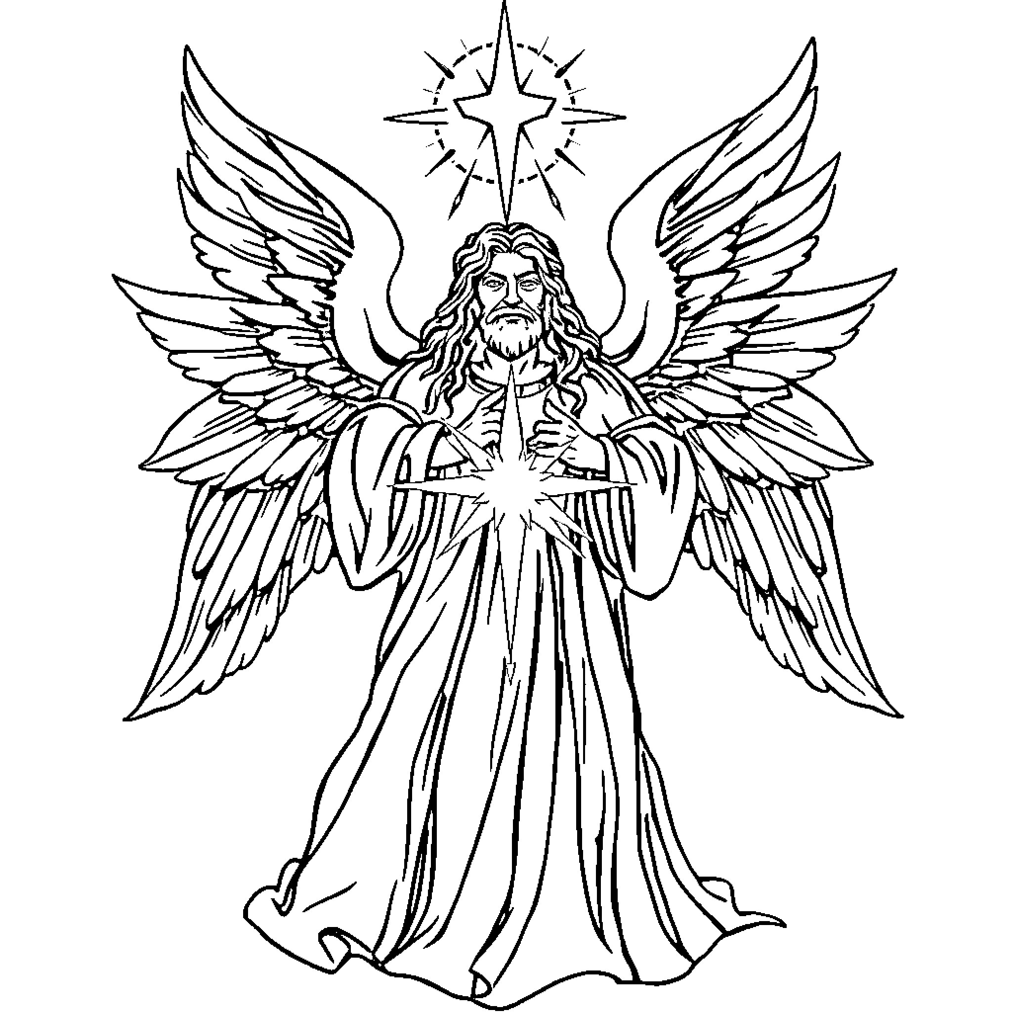 Seraphim angel in divine robes and wings Coloring Page (free black-and-white line drawing printable PDF for all, from beginners to advanced learners, including children, teens, adults, and seniors)