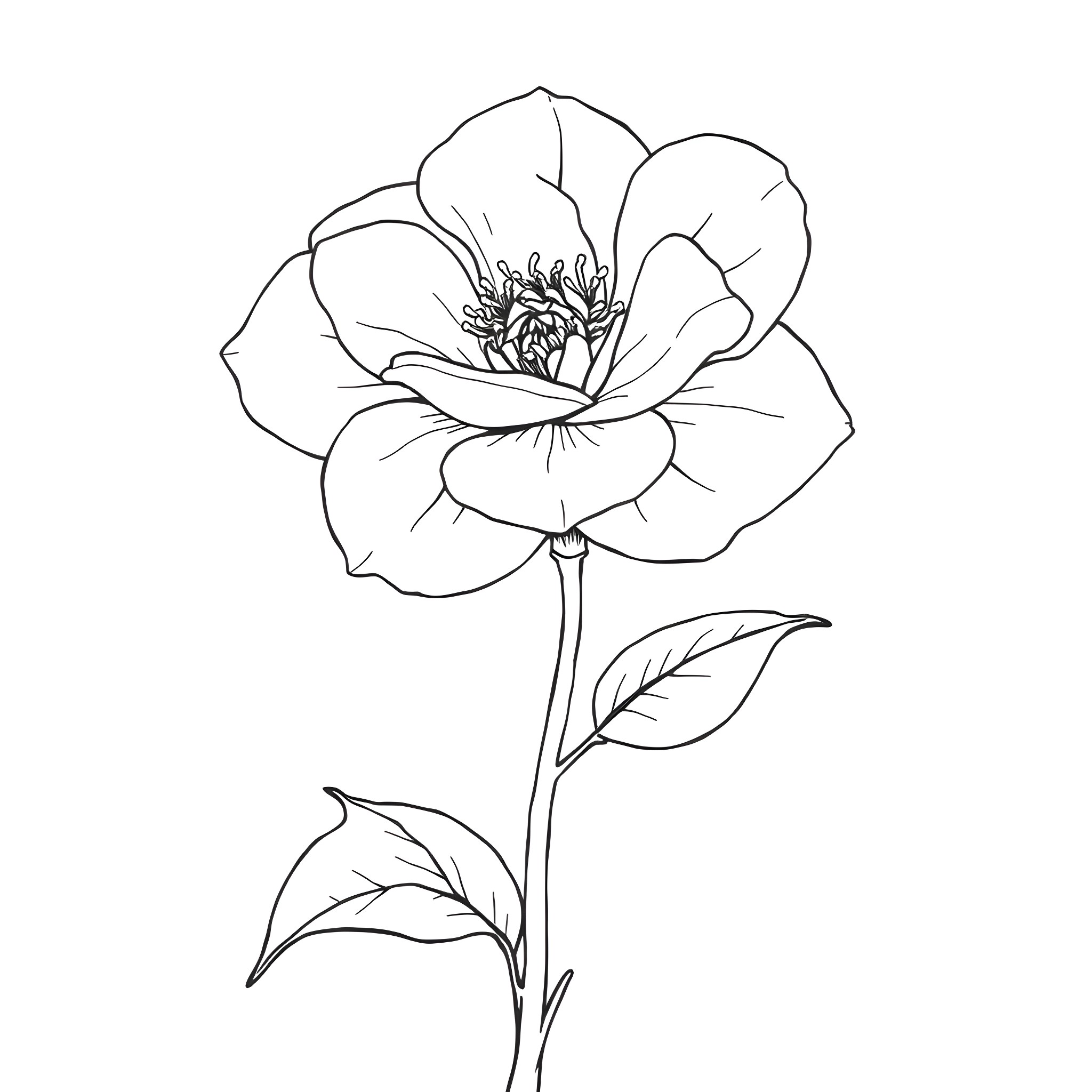 Camellia flower blooming elegantly Coloring Page (free black-and-white line drawing printable PDF for all, from beginners to advanced learners, including children, teens, adults, and seniors)