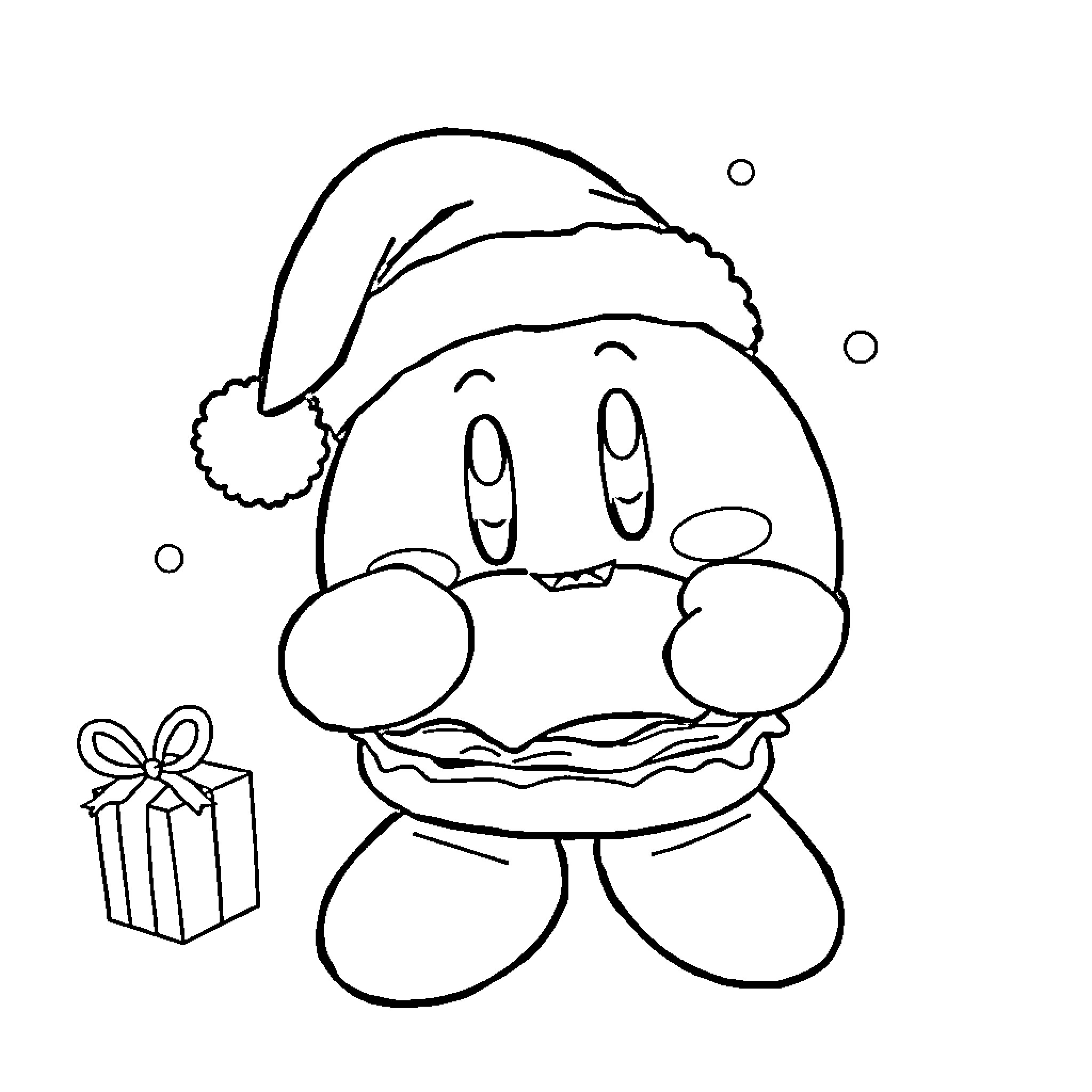 Kirby in Christmas Outfit Holding Gift Coloring Page (free black-and-white line drawing printable PDF for all, from beginners to advanced learners, including children, teens, adults, and seniors)
