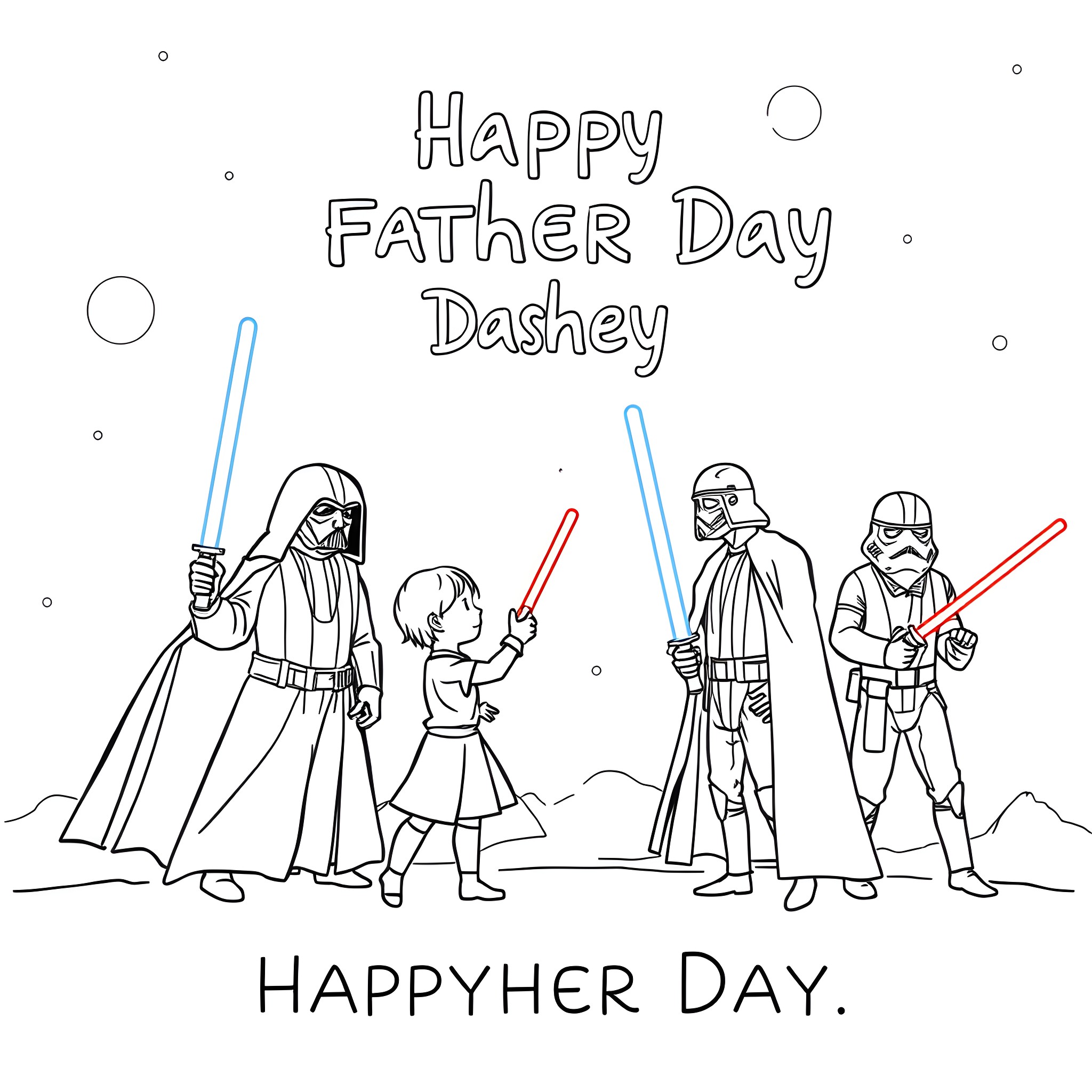 Star Wars characters celebrate Father's Day with lightsabers Coloring Page (free black-and-white line drawing printable PDF for all, from beginners to advanced learners, including children, teens, adults, and seniors)