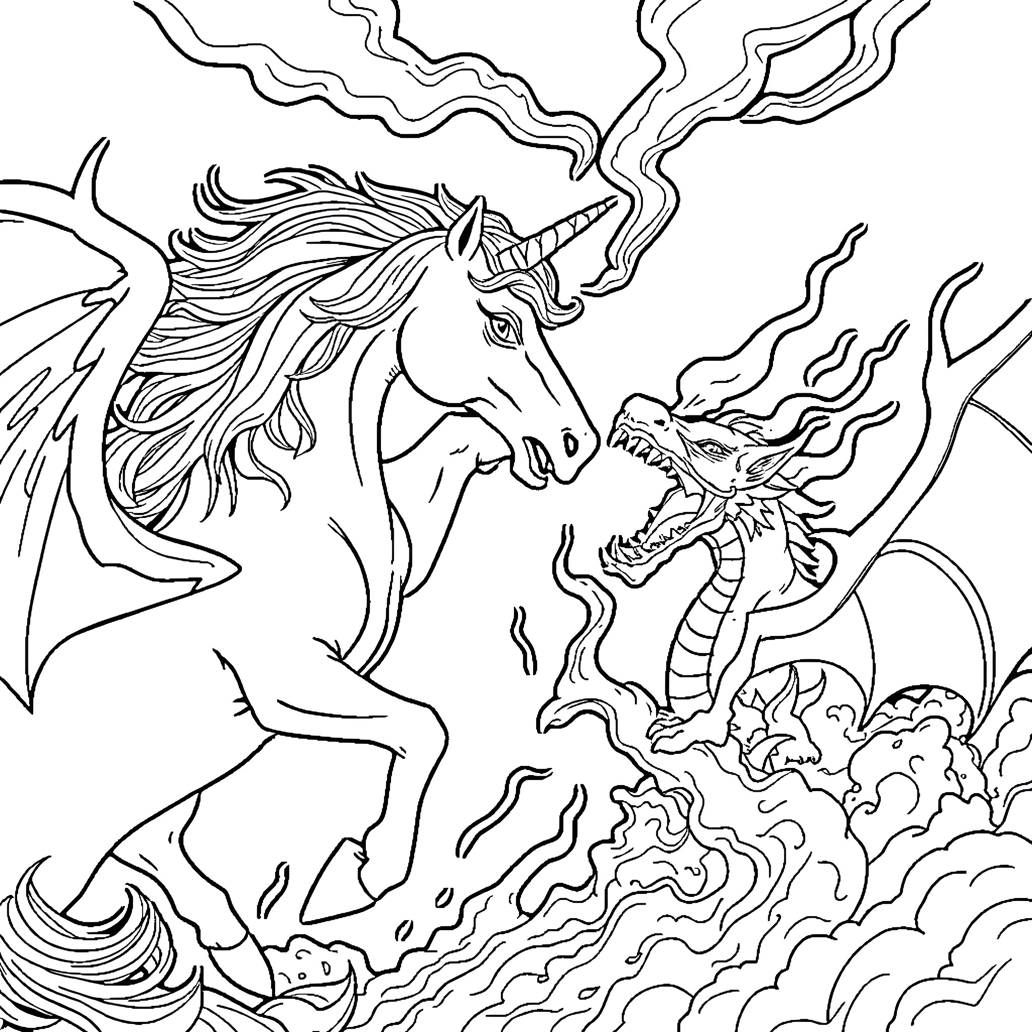 Unicorn battling a fierce dragon in a stormy sky Coloring Page (free black-and-white line drawing printable PDF for all, from beginners to advanced learners, including children, teens, adults, and seniors)